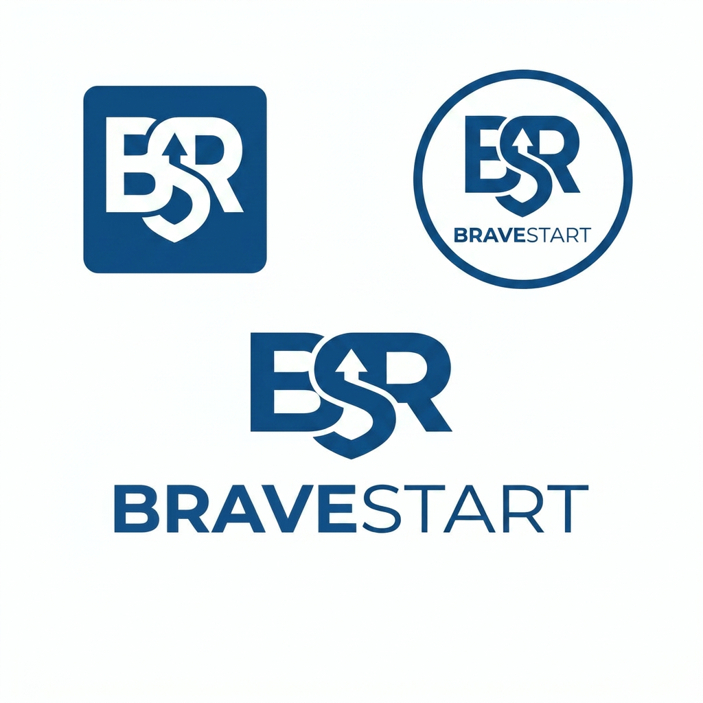 Lettermark monogram for BRAVESRAT using initials 'BR' and optional 'BS' lockup, interlocking geometric monogram, balanced negative space, single-color flat vector, bold stroke weight with internal cutouts to form a hidden arrow or shield motif, minimalist badge-friendly silhouette, white background, no gradients or textures, produce 3 variations: 1) square app-icon version (icon-only), 2) circular enclosed badge with initials, 3) horizontal lockup with small full-name wordmark beneath