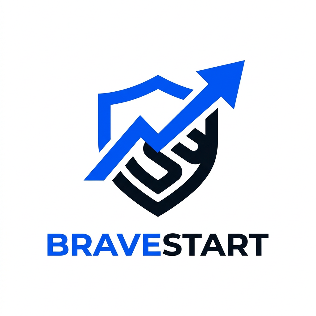 AI Design for A modern, minimalist logo design for BRAVESTART, a digital marketing agency. The emblem features a bold, conveys strength, courage, and forward momentum, rendered in a striking color palette of blue and black. The typography is clean, sans-serif, and authoritative, set against a crisp white background to emphasize professionalism and boldness.