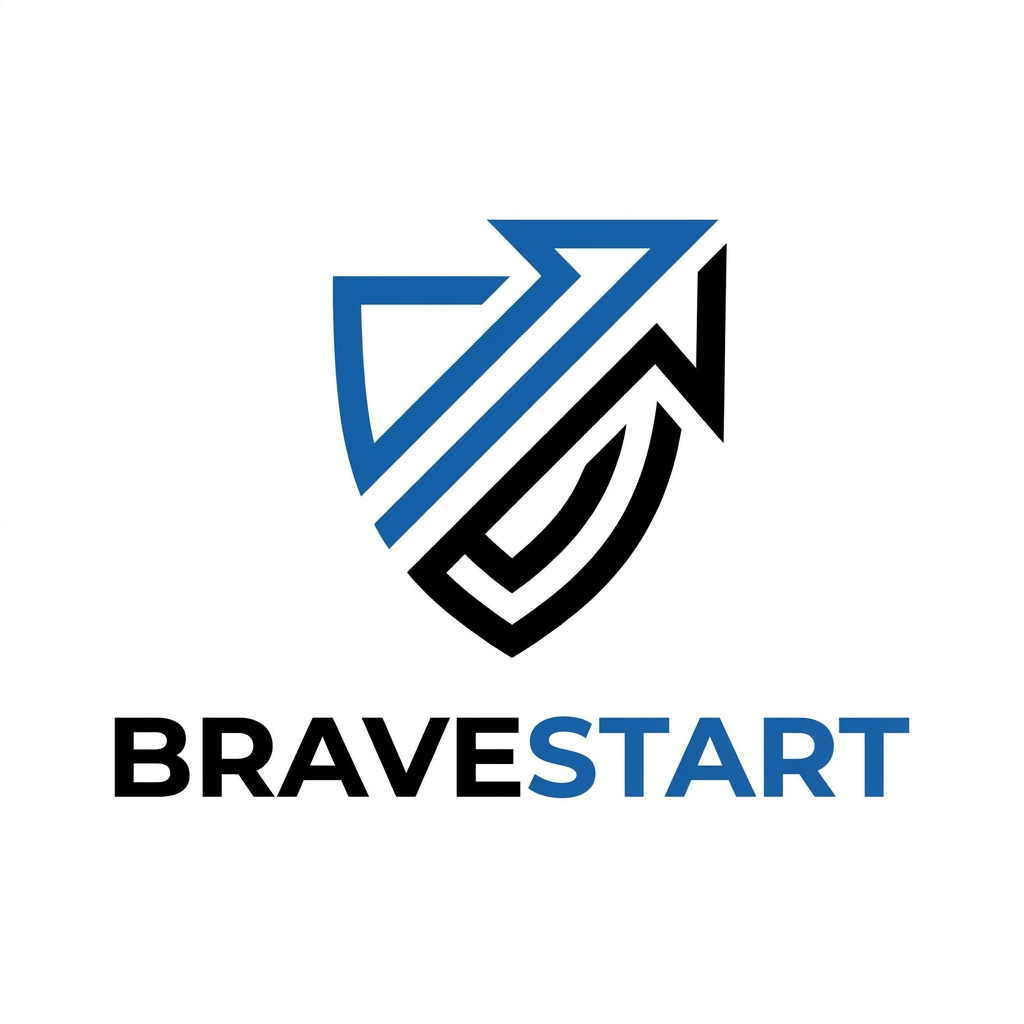 AI Design for A modern, minimalist logo design for BRAVESTART, a digital marketing agency. The emblem features a bold, conveys strength, courage, and forward momentum, rendered in a striking color palette of blue and black. The typography is clean, sans-serif, and authoritative, set against a crisp white background to emphasize professionalism and boldness.