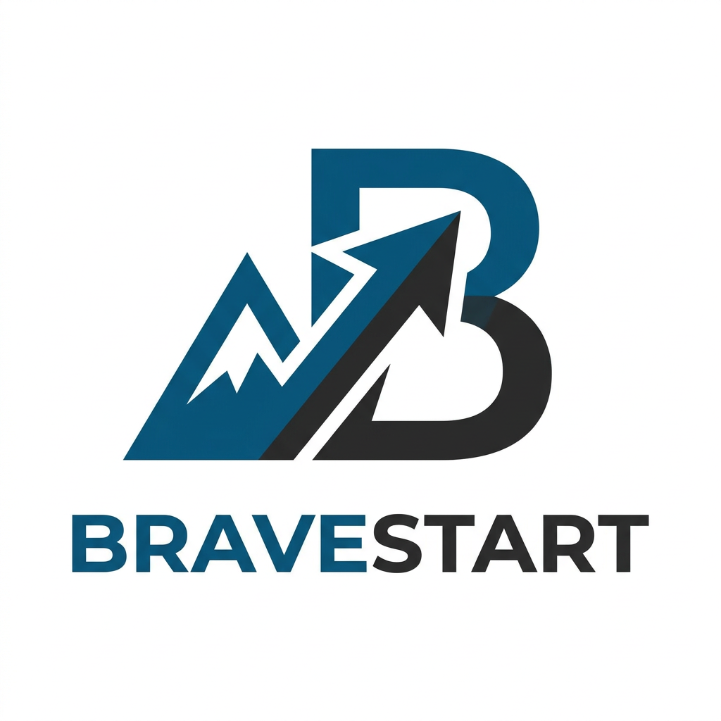 AI Design for A modern, minimalist logo design for BRAVESTART, a digital marketing agency. The emblem features a bold, conveys strength, courage, and forward momentum, rendered in a striking color palette of blue and black. The typography is clean, sans-serif, and authoritative, set against a crisp white background to emphasize professionalism and boldness.