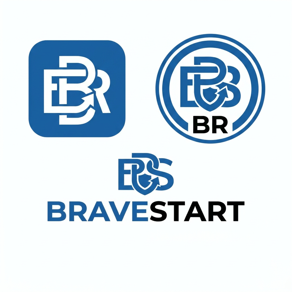 Lettermark monogram for BRAVESRAT using initials 'BR' and optional 'BS' lockup, interlocking geometric monogram, balanced negative space, single-color flat vector, bold stroke weight with internal cutouts to form a hidden arrow or shield motif, minimalist badge-friendly silhouette, white background, no gradients or textures, produce 3 variations: 1) square app-icon version (icon-only), 2) circular enclosed badge with initials, 3) horizontal lockup with small full-name wordmark beneath