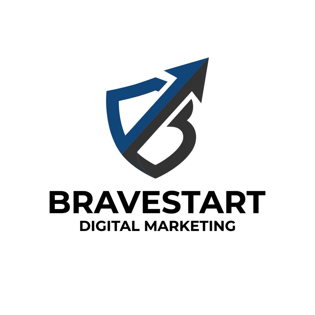 AI Design for A modern, minimalist logo design for BRAVESTART, a digital marketing agency. The emblem features a bold, conveys strength, courage, and forward momentum, rendered in a striking color palette of blue and black. The typography is clean, sans-serif, and authoritative, set against a crisp white background to emphasize professionalism and boldness.