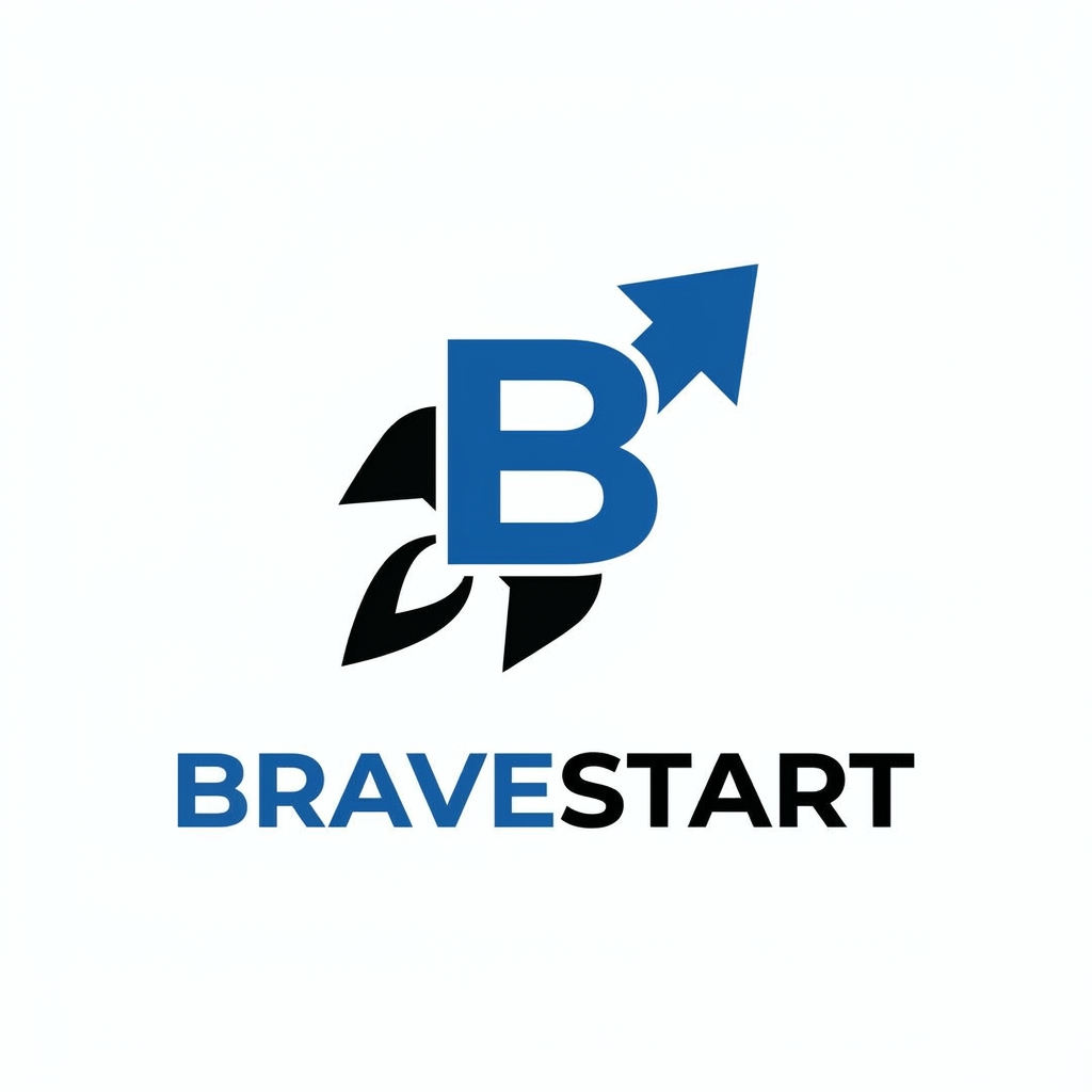 AI Design for A modern, minimalist logo design for BRAVESTART, a digital marketing agency. The emblem features a bold, conveys strength, courage, and forward momentum, rendered in a striking color palette of blue and black. The typography is clean, sans-serif, and authoritative, set against a crisp white background to emphasize professionalism and boldness.