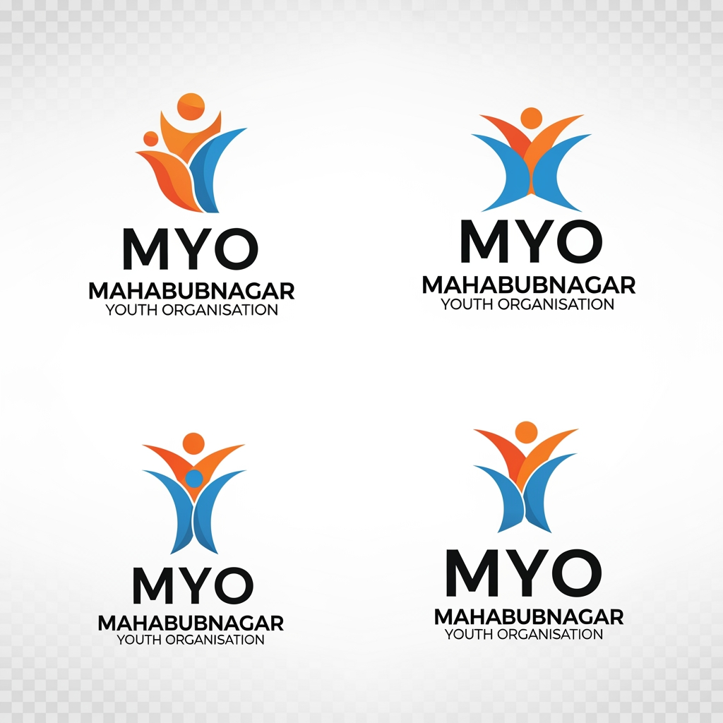 AI Design for create a modern, professional, and impactful logo for "Mahabubnagar Youth Organisation (MYO)", a social welfare and community development organization led by young people.

The logo should represent:

Youth empowerment
Social service and welfare
Unity and teamwork
Community growth and development
Leadership and positive change

Design Style:

Modern, minimalistic, and memorable
Clean vector logo suitable for digital and print use
Combination mark (icon + organization name)
Professional yet energetic and youthful
Scalable and recognizable at small sizes

Visual Elements:

Abstract human figures forming a circle or upward movement
Hands supporting a community or people
Rising sun symbolizing hope and progress
Leaf or growth element representing development and sustainability
Subtle representation of Mahabubnagar's community spirit

Color Palette:

Deep Blue (trust, leadership)
Vibrant Orange (energy, youth)
Green (growth, welfare, social impact)
White background

Typography:

Bold, modern sans-serif font
Strong and readable
"Mahabubnagar Youth Organisation" prominently displayed
Optional abbreviation "MYO" integrated creatively

Overall Feel:

Trustworthy
Youth-driven
Community-focused
Inspirational
Contemporary NGO/social welfare organization branding

Create 4 unique logo concepts, premium vector style, flat design, transparent background, high-resolution, brand identity quality.

For a more premium and trendy 2026-style logo, add:

"Inspired by modern NGO branding, United Nations youth initiatives, TEDx visual simplicity, and contemporary social impact organizations. Clean geometric shapes, balanced composition, premium vector aesthetic, award-winning logo design."