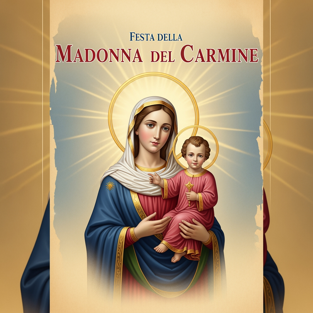 AI Design for Mi crei una locandina tipo manifesto in stile  religioso, però mantenendo un tono naturale e inserendomi l’immagine che ti ho impostato e con gli avvisi sottostanti con colore diverso l’intestazione e il giorno 16 Luglio con “Festa della Madonna del Carmine”. L’intestazione di cui me la realizzi con un colore a tuo gradimento secondo dei colori che mi sceglierai per la locandina. Mi devi scrivere una preghiera semplice anche di una sola riga dedicata alla Madonna del Carmine. Poi mi devi creare l’itinerario distanziato giorno per giorno e mi devi scrivere che dal 1 luglio fino al 16 luglio alle ore 6:30 preghiera del buongiorno a Maria a sera alle ore 20:30 preghiera della buonanotte a Maria. Sabato 4 luglio, esposizione dell’immagine della Madonna sul carro trionfale, mercoledì 8 luglio, solenne celebrazione eucaristica presieduta dall’arcivescovo di Ischia Carlo Villano e Atto di Consacrazione alla Vergine Maria. Sabato 11 luglio vegliaMariana dalle ore 21:00 con canti popolari.  Domenica 12 luglio alle ore 11:30 Santa Messa con le prime comunioni e alle ore 19:00 Santa messa con l’ordine carmelitano di Napoli. Martedì 14 luglio inttonizzzzionr dell’immagine di Sant’Anna presso la Parrocchia di Sant’Anna a Tavola e segue poi processione eucaristica fino a raggiungere l’immagine della Madonna del Carmine con benedizione eucaristica. Mercoledì 15 luglio ore 19:00 Santa messa dei primi vespri della solennità segue poi serenata Maria con canti della tradizione popolare fino a mezzanotte. Giovedì 16 luglio (evidenziato in rosso mi scrivi: Festa della Madonna del Carmine) e poi mi scrivi normalmente ore 6:00 buongiorno Maria a seguire Sante messe alle ore 6:30-8:00-10:00 a seguire breve processione fino al sagrato con l’immagine della Madonna con esposizione fino alle 23:30. Santa messa anche alle ore 17:00-19:00-21:00. All’esterno della parrocchia dalle ore 22:00 fino al rientro della Madonna concerto bandistico con sagra del dolce e del  salato. Mettimi l’immagine della Madonna che ti ho mandato e mi crei anche delle sfumature per abbellire questa locandina religiosa.