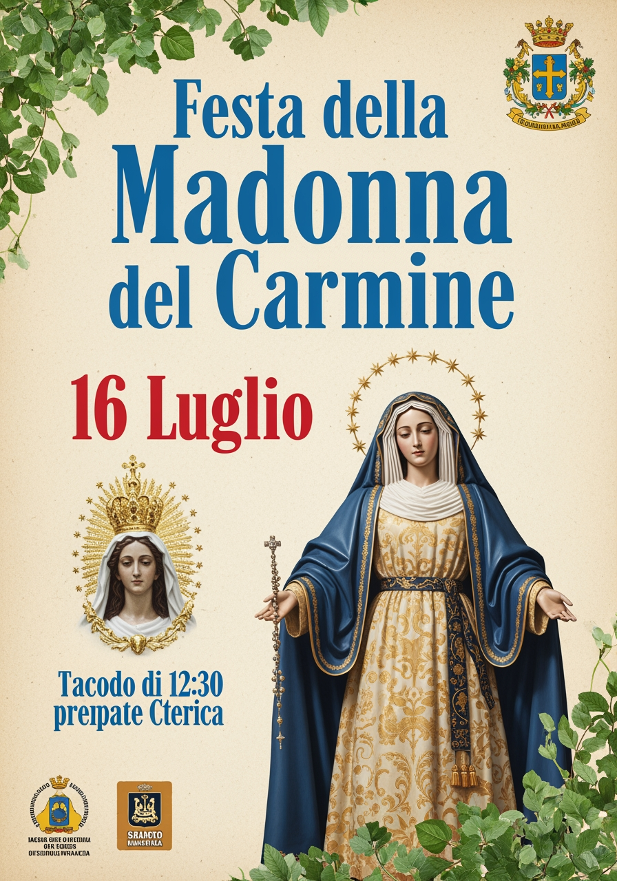 AI Design for Mi crei una locandina tipo manifesto in stile  religioso, però mantenendo un tono naturale con gli avvisi sottostanti con colore diverso l’intestazione e il giorno 16 Luglio con “Festa della Madonna del Carmine”. L’intestazione di cui me la realizzi con un colore a tuo gradimento secondo dei colori che mi sceglierai per la locandina. Mi devi scrivere una preghiera semplice anche di una sola riga dedicata alla Madonna del Carmine. Poi mi devi creare l’itinerario distanziato giorno per giorno e mi devi scrivere che dal 1 luglio fino al 16 luglio alle ore 6:30 preghiera del buongiorno a Maria a sera alle ore 20:30 preghiera della buonanotte a Maria. Sabato 4 luglio, esposizione dell’immagine della Madonna sul carro trionfale, mercoledì 8 luglio, solenne celebrazione eucaristica presieduta dall’arcivescovo di Ischia Carlo Villano e Atto di Consacrazione alla Vergine Maria. Sabato 11 luglio vegliaMariana dalle ore 21:00 con canti popolari.  Domenica 12 luglio alle ore 11:30 Santa Messa con le prime comunioni e alle ore 19:00 Santa messa con l’ordine carmelitano di Napoli. Martedì 14 luglio inttonizzzzionr dell’immagine di Sant’Anna presso la Parrocchia di Sant’Anna a Tavola e segue poi processione eucaristica fino a raggiungere l’immagine della Madonna del Carmine con benedizione eucaristica. Mercoledì 15 luglio ore 19:00 Santa messa dei primi vespri della solennità segue poi serenata Maria con canti della tradizione popolare fino a mezzanotte. Giovedì 16 luglio (evidenziato in rosso mi scrivi: Festa della Madonna del Carmine) e poi mi scrivi normalmente ore 6:00 buongiorno Maria a seguire Sante messe alle ore 6:30-8:00-10:00 a seguire breve processione fino al sagrato con l’immagine della Madonna con esposizione fino alle 23:30. Santa messa anche alle ore 17:00-19:00-21:00. All’esterno della parrocchia dalle ore 22:00 fino al rientro della Madonna concerto bandistico con sagra del dolce e del  salato. Mettimi l’immagine della Madonna che ti ho mandato e mi crei anche delle sfumature per abbellire questa locandina religiosa. Mi evidenzi a parte gli eventi esterni.