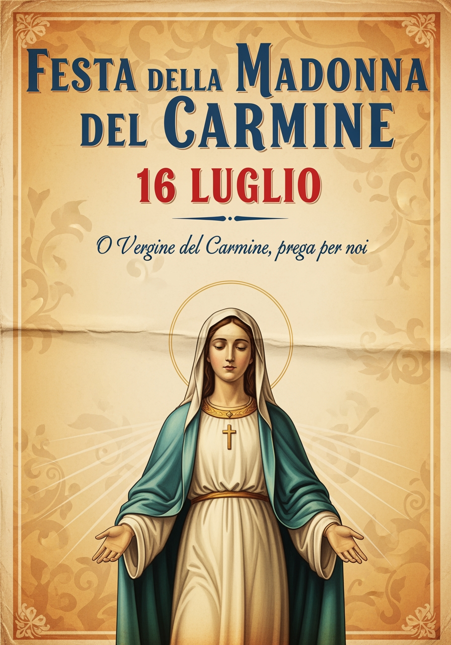 AI Design for Mi crei una locandina tipo manifesto in stile  religioso, però mantenendo un tono naturale con gli avvisi sottostanti con colore diverso l’intestazione e il giorno 16 Luglio con “Festa della Madonna del Carmine”. L’intestazione di cui me la realizzi con un colore a tuo gradimento secondo dei colori che mi sceglierai per la locandina. Mi devi scrivere una preghiera semplice anche di una sola riga dedicata alla Madonna del Carmine. Poi mi devi creare l’itinerario distanziato giorno per giorno e mi devi scrivere che dal 1 luglio fino al 16 luglio alle ore 6:30 preghiera del buongiorno a Maria a sera alle ore 20:30 preghiera della buonanotte a Maria. Sabato 4 luglio, esposizione dell’immagine della Madonna sul carro trionfale, mercoledì 8 luglio, solenne celebrazione eucaristica presieduta dall’arcivescovo di Ischia Carlo Villano e Atto di Consacrazione alla Vergine Maria. Sabato 11 luglio vegliaMariana dalle ore 21:00 con canti popolari.  Domenica 12 luglio alle ore 11:30 Santa Messa con le prime comunioni e alle ore 19:00 Santa messa con l’ordine carmelitano di Napoli. Martedì 14 luglio inttonizzzzionr dell’immagine di Sant’Anna presso la Parrocchia di Sant’Anna a Tavola e segue poi processione eucaristica fino a raggiungere l’immagine della Madonna del Carmine con benedizione eucaristica. Mercoledì 15 luglio ore 19:00 Santa messa dei primi vespri della solennità segue poi serenata Maria con canti della tradizione popolare fino a mezzanotte. Giovedì 16 luglio (evidenziato in rosso mi scrivi: Festa della Madonna del Carmine) e poi mi scrivi normalmente ore 6:00 buongiorno Maria a seguire Sante messe alle ore 6:30-8:00-10:00 a seguire breve processione fino al sagrato con l’immagine della Madonna con esposizione fino alle 23:30. Santa messa anche alle ore 17:00-19:00-21:00. All’esterno della parrocchia dalle ore 22:00 fino al rientro della Madonna concerto bandistico con sagra del dolce e del  salato. Mettimi l’immagine della Madonna che ti ho mandato e mi crei anche delle sfumature per abbellire questa locandina religiosa. Mi evidenzi a parte gli eventi esterni.