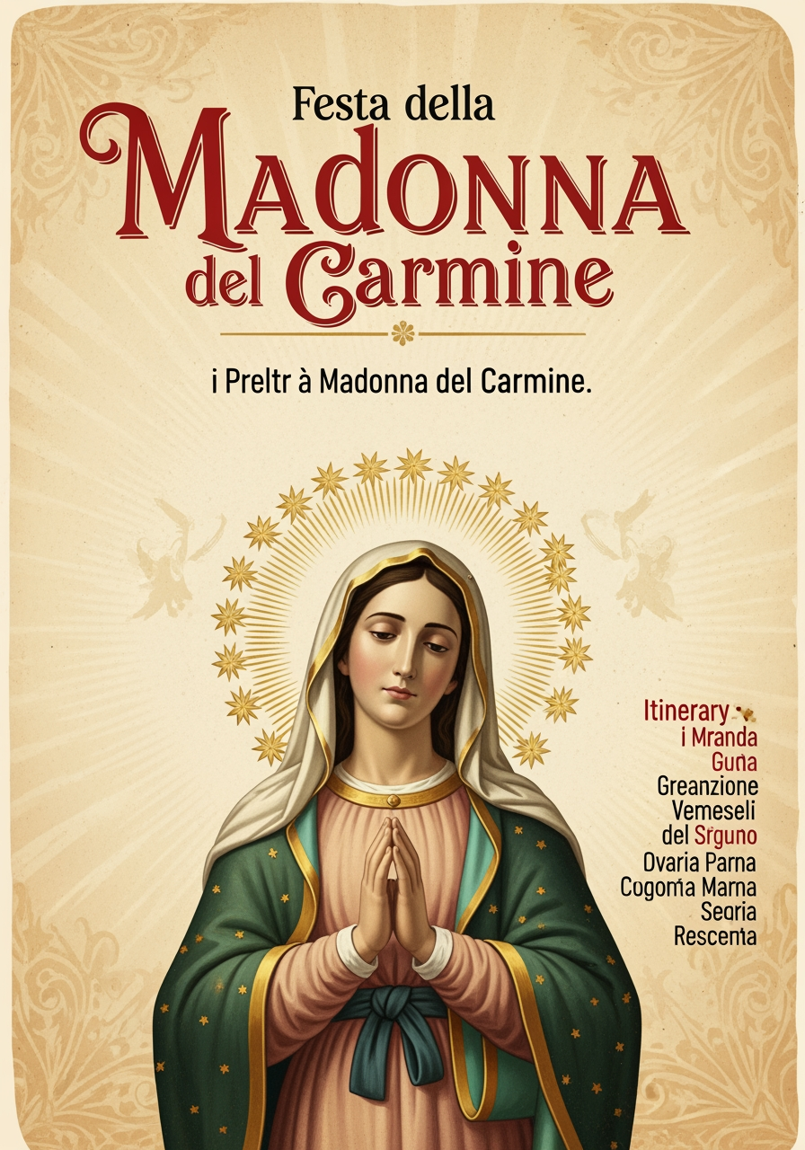 AI Design for Mi crei una locandina tipo manifesto in stile  religioso, però mantenendo un tono naturale con gli avvisi sottostanti con colore diverso l’intestazione e il giorno 16 Luglio con “Festa della Madonna del Carmine”. L’intestazione di cui me la realizzi con un colore a tuo gradimento secondo dei colori che mi sceglierai per la locandina. Mi devi scrivere una preghiera semplice anche di una sola riga dedicata alla Madonna del Carmine. Poi mi devi creare l’itinerario distanziato giorno per giorno e mi devi scrivere che dal 1 luglio fino al 16 luglio alle ore 6:30 preghiera del buongiorno a Maria a sera alle ore 20:30 preghiera della buonanotte a Maria. Sabato 4 luglio, esposizione dell’immagine della Madonna sul carro trionfale, mercoledì 8 luglio, solenne celebrazione eucaristica presieduta dall’arcivescovo di Ischia Carlo Villano e Atto di Consacrazione alla Vergine Maria. Sabato 11 luglio vegliaMariana dalle ore 21:00 con canti popolari.  Domenica 12 luglio alle ore 11:30 Santa Messa con le prime comunioni e alle ore 19:00 Santa messa con l’ordine carmelitano di Napoli. Martedì 14 luglio inttonizzzzionr dell’immagine di Sant’Anna presso la Parrocchia di Sant’Anna a Tavola e segue poi processione eucaristica fino a raggiungere l’immagine della Madonna del Carmine con benedizione eucaristica. Mercoledì 15 luglio ore 19:00 Santa messa dei primi vespri della solennità segue poi serenata Maria con canti della tradizione popolare fino a mezzanotte. Giovedì 16 luglio (evidenziato in rosso mi scrivi: Festa della Madonna del Carmine) e poi mi scrivi normalmente ore 6:00 buongiorno Maria a seguire Sante messe alle ore 6:30-8:00-10:00 a seguire breve processione fino al sagrato con l’immagine della Madonna con esposizione fino alle 23:30. Santa messa anche alle ore 17:00-19:00-21:00. All’esterno della parrocchia dalle ore 22:00 fino al rientro della Madonna concerto bandistico con sagra del dolce e del  salato. Mettimi l’immagine della Madonna che ti ho mandato e mi crei anche delle sfumature per abbellire questa locandina religiosa. Mi evidenzi a parte gli eventi esterni.