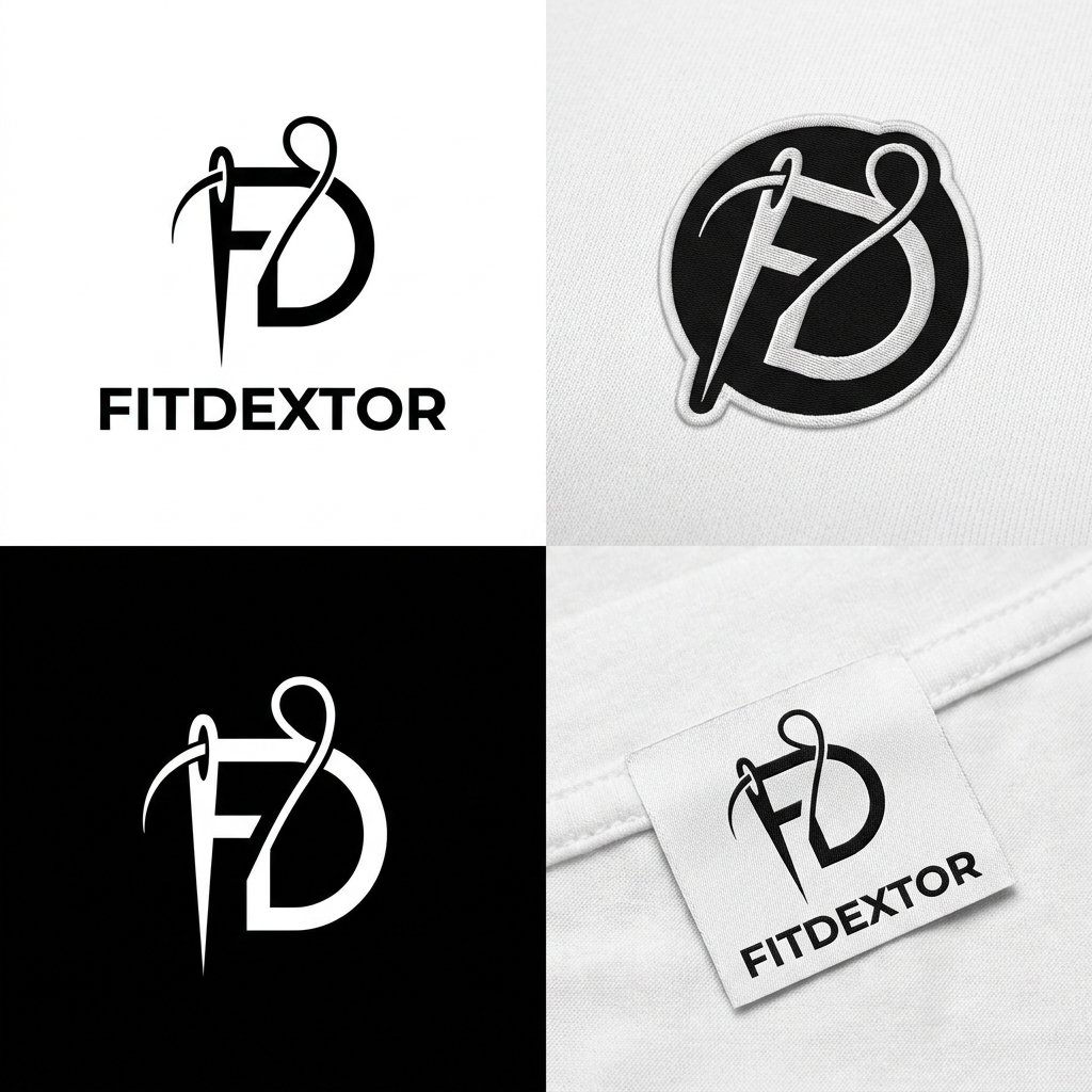 AI Design for A sophisticated and minimalist logo for a clothing manufacturer named Fitdextor, featuring a stylized monogram of the letters 'F' and 'D' integrated with a subtle clothing-related icon like a needle or thread loop. The design should use a clean, modern aesthetic with sharp lines and a high-contrast monochromatic color palette, suitable for embroidery or labels. Professional, high-end branding style on a neutral white background.
