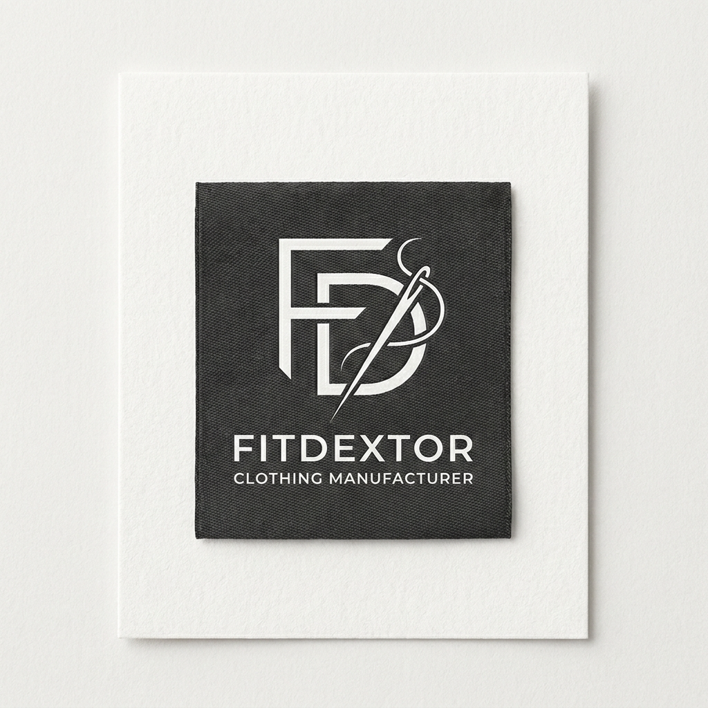 AI Design for A sophisticated and minimalist logo for a clothing manufacturer named Fitdextor, featuring a stylized monogram of the letters 'F' and 'D' integrated with a subtle clothing-related icon like a needle or thread loop. The design should use a clean, modern aesthetic with sharp lines and a high-contrast monochromatic color palette, suitable for embroidery or labels. Professional, high-end branding style on a neutral white background.