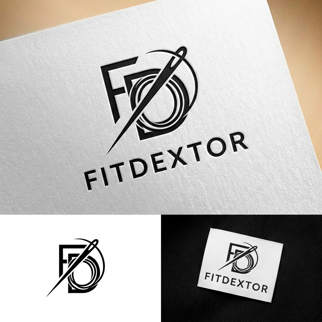 AI Design for A sophisticated and minimalist logo for a clothing manufacturer named Fitdextor, featuring a stylized monogram of the letters 'F' and 'D' integrated with a subtle clothing-related icon like a needle or thread loop. The design should use a clean, modern aesthetic with sharp lines and a high-contrast monochromatic color palette, suitable for embroidery or labels. Professional, high-end branding style on a neutral white background.