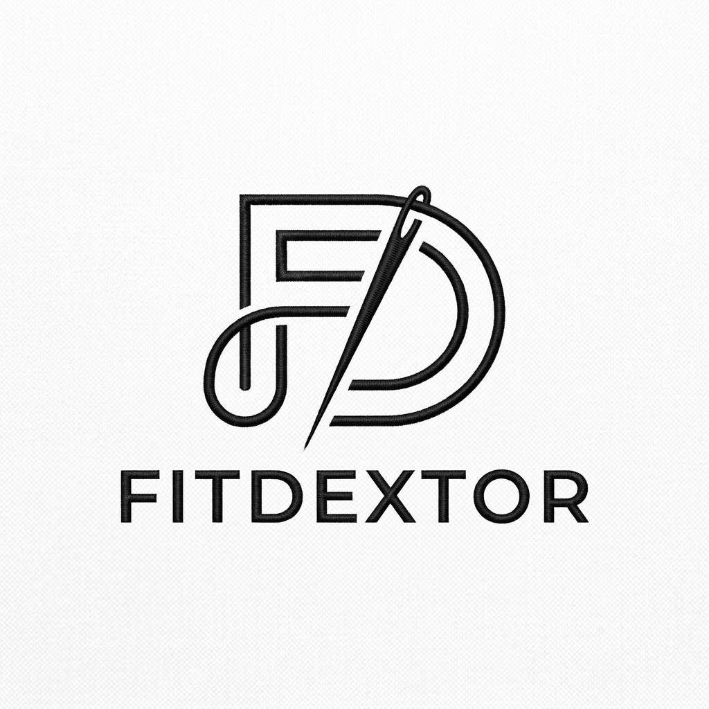 AI Design for A sophisticated and minimalist logo for a clothing manufacturer named Fitdextor, featuring a stylized monogram of the letters 'F' and 'D' integrated with a subtle clothing-related icon like a needle or thread loop. The design should use a clean, modern aesthetic with sharp lines and a high-contrast monochromatic color palette, suitable for embroidery or labels. Professional, high-end branding style on a neutral white background.