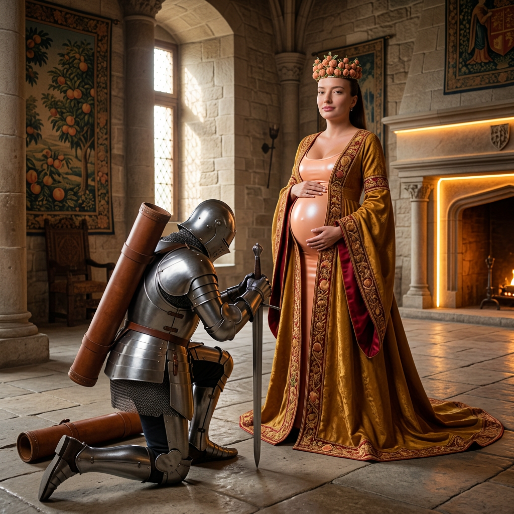 AI Design for this beautiful pregnant queen of peach is standing in front of kneeling knight in a castle