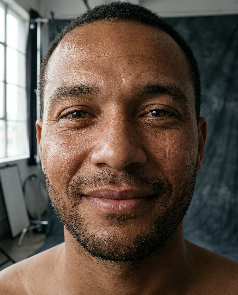 AI Design for A highly detailed, hyper-realistic portrait of a person created with raw human textures, emphasizing natural skin pores, subtle imperfections, and realistic lighting. The composition features soft, cinematic natural light that catches the contours of the face, capturing a sense of genuine emotion, depth, and organic warmth in a professional studio setting.