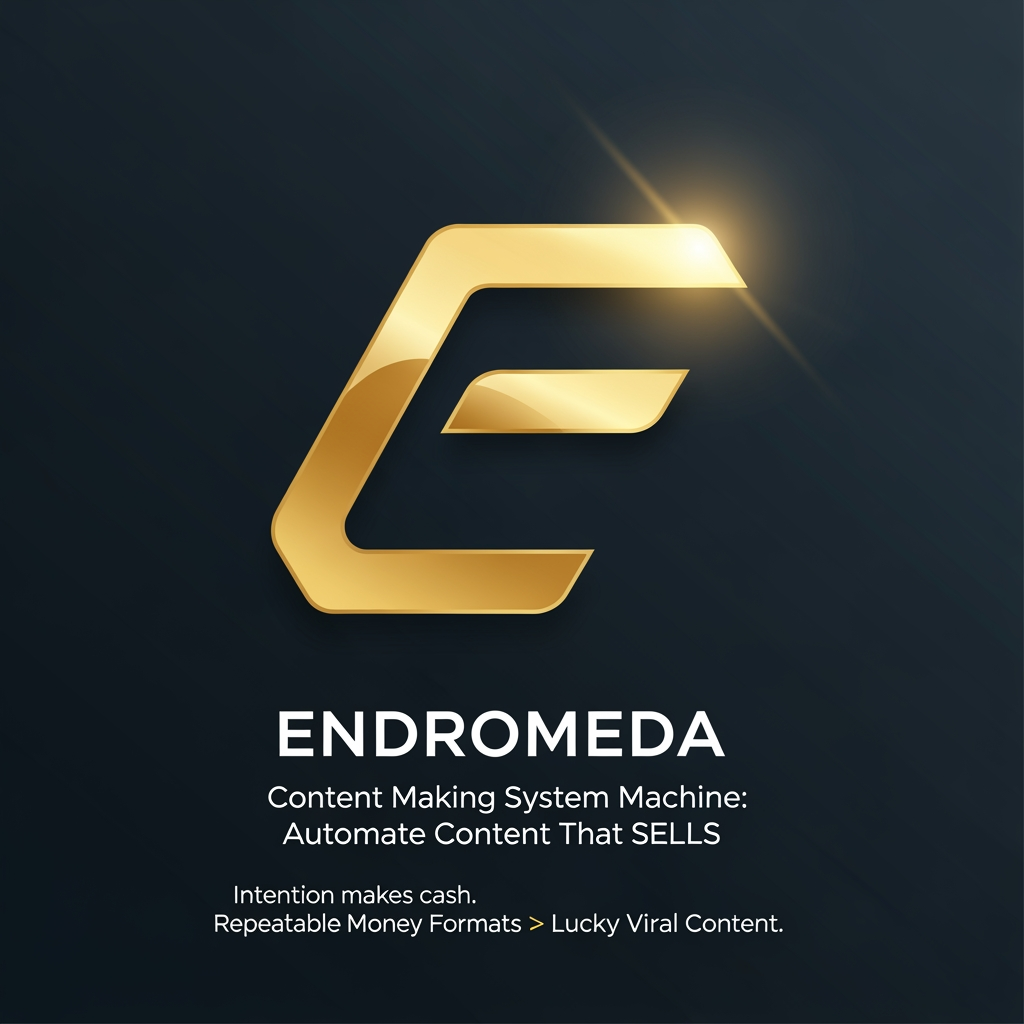 AI Design for Generate a logo for Endromeda, itis a Content Making System Machine: Automate Content That SELLS.
Intention makes cash.
Repeatable Money Formats>Lucky Viral Content. the icon needs to feel like an elite, precision-engineered stamp. Here is a dead-simple, highly memorable geometric glyph. It features a sharp, continuous angular loop that subtly forms an 'E' while representing an unbroken automation engine, finished in a flawless, premium liquid-gold gradient against a dark background.