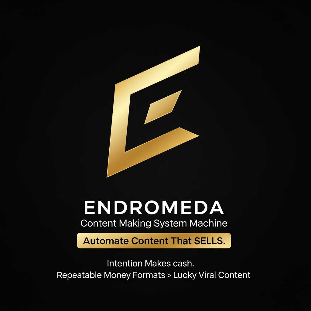 AI Design for Generate a logo for Endromeda, itis a Content Making System Machine: Automate Content That SELLS.
Intention makes cash.
Repeatable Money Formats>Lucky Viral Content. the icon needs to feel like an elite, precision-engineered stamp. Here is a dead-simple, highly memorable geometric glyph. It features a sharp, continuous angular loop that subtly forms an 'E' while representing an unbroken automation engine, finished in a flawless, premium liquid-gold gradient against a dark background.