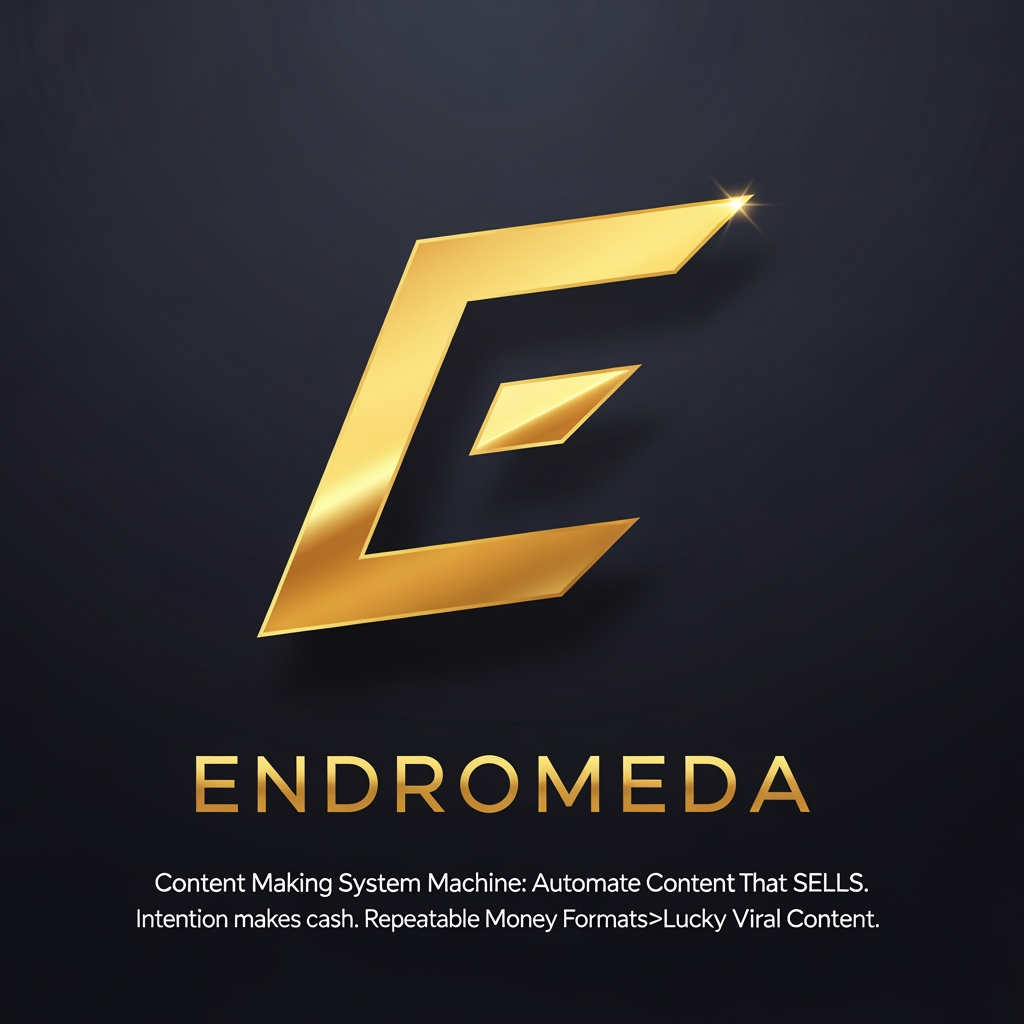 AI Design for Generate a logo for Endromeda, itis a Content Making System Machine: Automate Content That SELLS.
Intention makes cash.
Repeatable Money Formats>Lucky Viral Content. the icon needs to feel like an elite, precision-engineered stamp. Here is a dead-simple, highly memorable geometric glyph. It features a sharp, continuous angular loop that subtly forms an 'E' while representing an unbroken automation engine, finished in a flawless, premium liquid-gold gradient against a dark background.