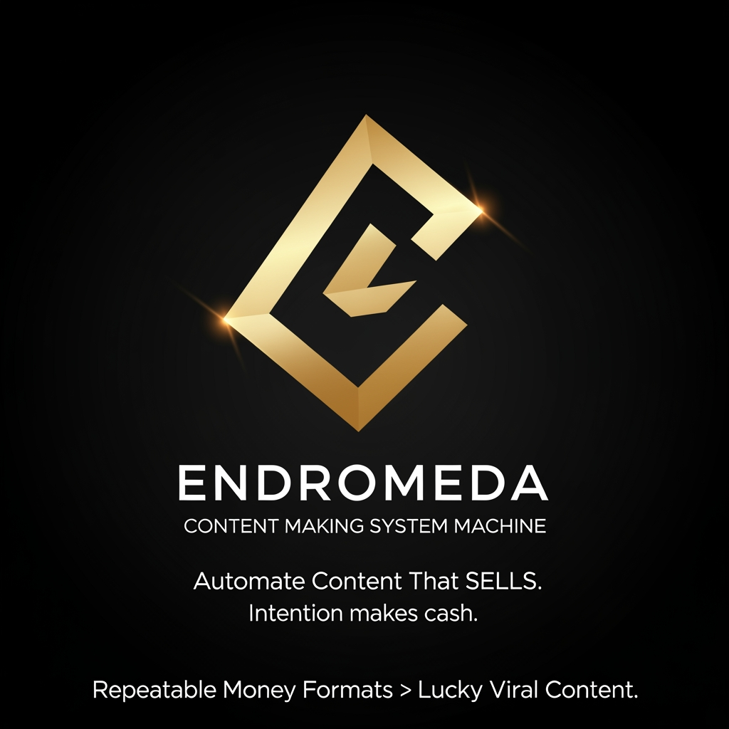 AI Design for Generate a logo for Endromeda, itis a Content Making System Machine: Automate Content That SELLS.
Intention makes cash.
Repeatable Money Formats>Lucky Viral Content. the icon needs to feel like an elite, precision-engineered stamp. Here is a dead-simple, highly memorable geometric glyph. It features a sharp, continuous angular loop that subtly forms an 'E' while representing an unbroken automation engine, finished in a flawless, premium liquid-gold gradient against a dark background.