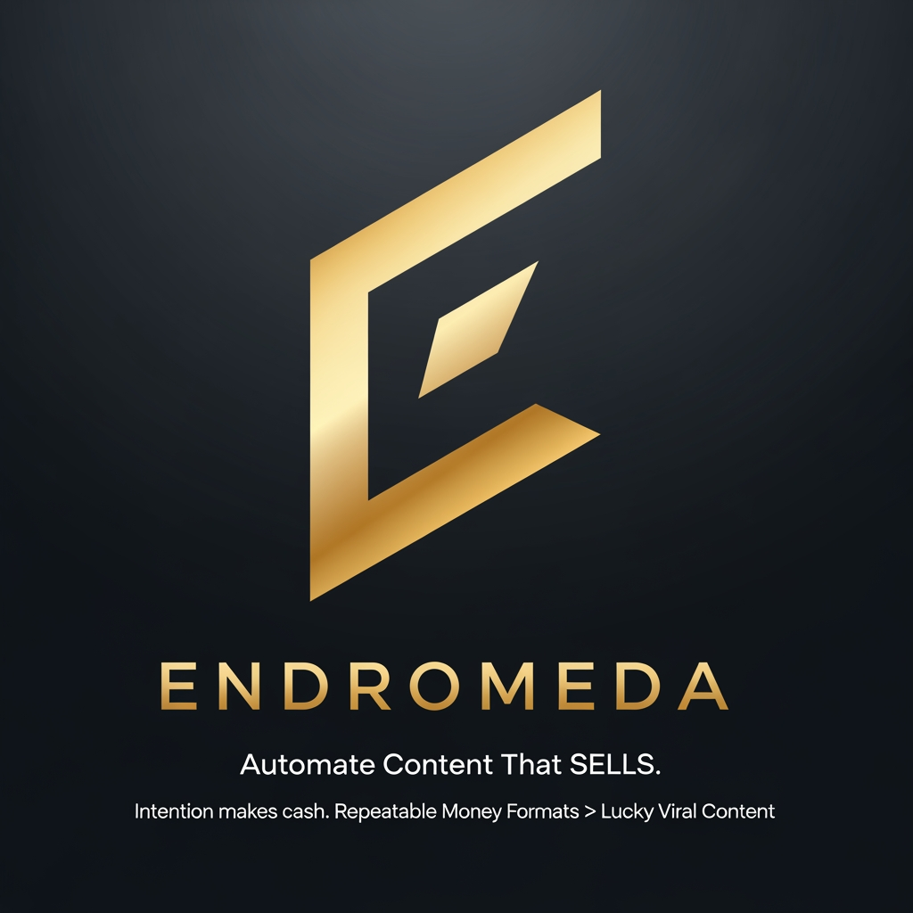AI Design for Generate a logo for Endromeda, itis a Content Making System Machine: Automate Content That SELLS.
Intention makes cash.
Repeatable Money Formats>Lucky Viral Content. the icon needs to feel like an elite, precision-engineered stamp. Here is a dead-simple, highly memorable geometric glyph. It features a sharp, continuous angular loop that subtly forms an 'E' while representing an unbroken automation engine, finished in a flawless, premium liquid-gold gradient against a dark background.