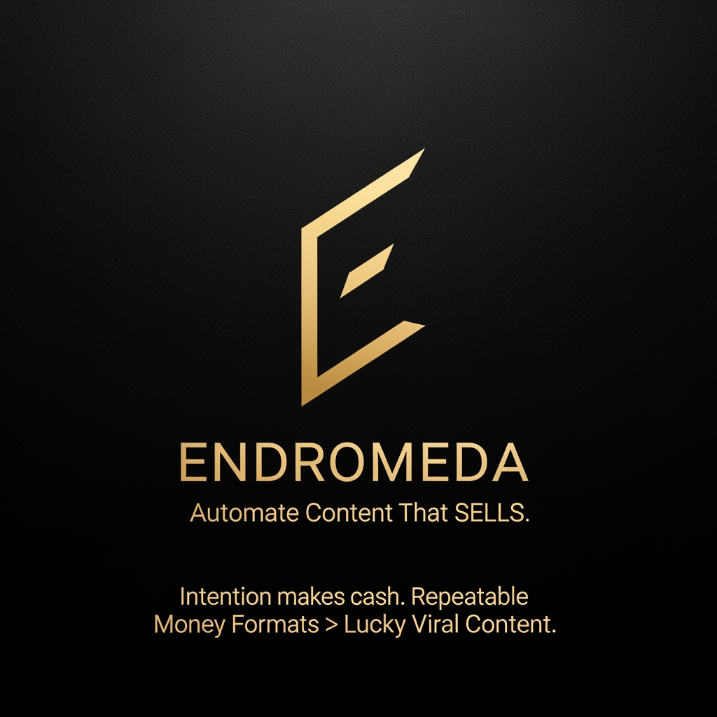 AI Design for Generate a logo for Endromeda, itis a Content Making System Machine: Automate Content That SELLS.
Intention makes cash.
Repeatable Money Formats>Lucky Viral Content. the icon needs to feel like an elite, precision-engineered stamp. Here is a dead-simple, highly memorable geometric glyph. It features a sharp, continuous angular loop that subtly forms an 'E' while representing an unbroken automation engine, finished in a flawless, premium liquid-gold gradient against a dark background.