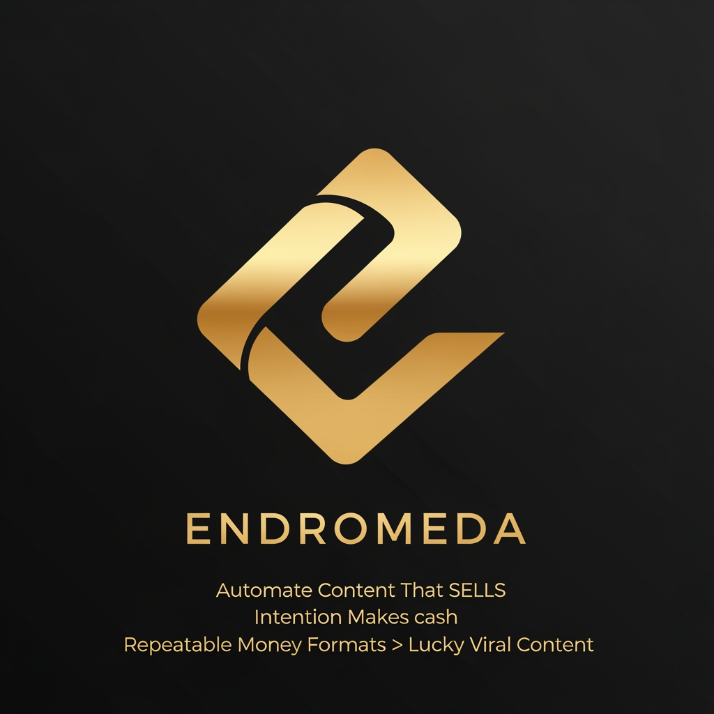 AI Design for Generate a logo for Endromeda, itis a Content Making System Machine: Automate Content That SELLS.
Intention makes cash.
Repeatable Money Formats>Lucky Viral Content. the icon needs to feel like an elite, precision-engineered stamp. Here is a dead-simple, highly memorable geometric glyph. It features a sharp, continuous angular loop that subtly forms an 'E' while representing an unbroken automation engine, finished in a flawless, premium liquid-gold gradient against a dark background.
