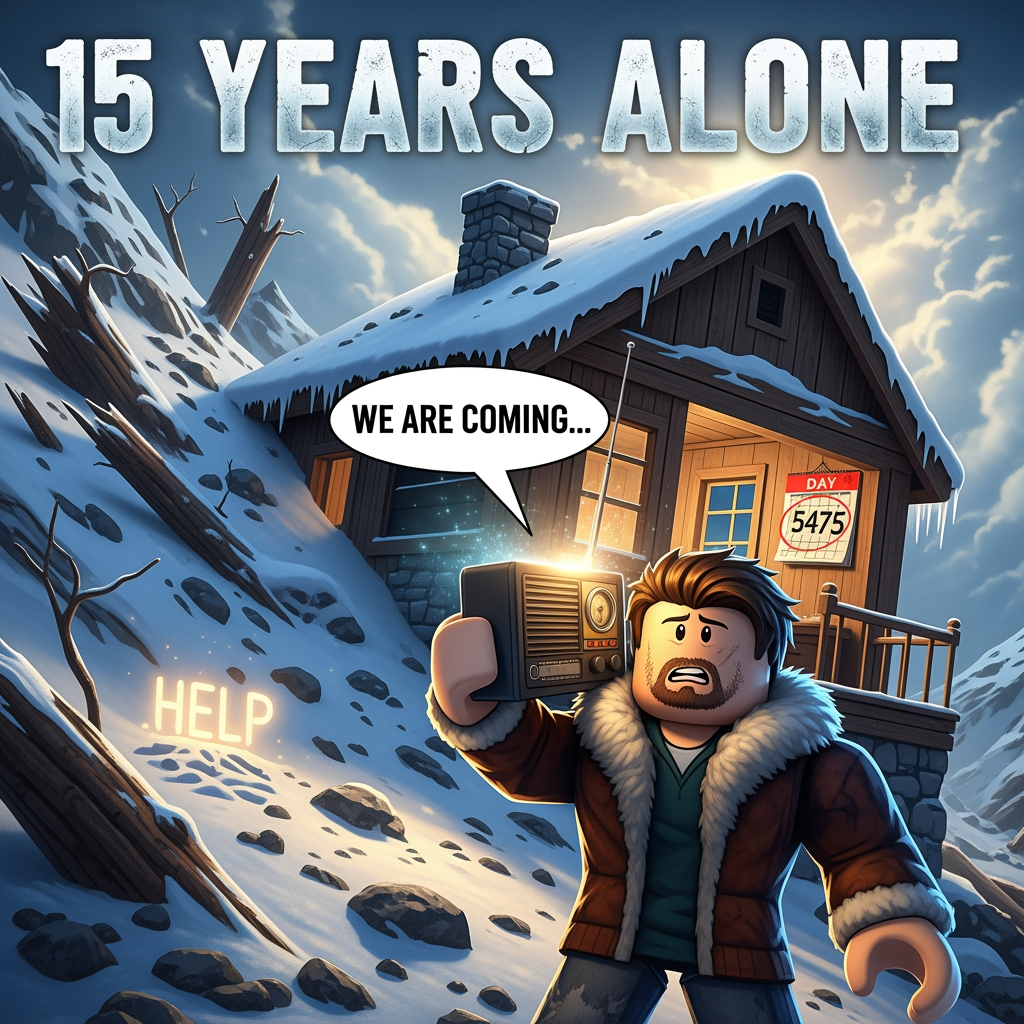 AI Design for make me an roblox thumnail for this script,  A man was trapped in a mountain cabin after a sudden landslide destroyed the only road down.

No warning.

No time to escape.

Just silence… and snow.

Inside the cabin, his radio crackled to life.

“Stay where you are.”

“We are coming to get you.”

Then static.

The voice never returned.

He didn’t know who they were.

He didn’t even know if they had heard him clearly.

But for the first time since the accident… he wasn’t alone.

Hours passed.

Then days.

He kept the radio on at all times.

Never sleeping too deeply.

Waiting for the sound of engines.

Waiting for footsteps in the snow.

But nothing came.

Outside, the storm grew worse.

The wind pressed against the walls like something alive.

And still, he told himself the same thing:

“They said they’re coming.”

Weeks passed.

Food became something he rationed carefully.

Time became harder to measure.

There was no sunrise he could trust through the storm.

Only white.

Only silence.

And the radio.

Every few days, he would pick it up and speak into it.

“Hello?”

“Can anyone hear me?”

No answer.

But he always believed someone was listening.

Months passed.

The cabin began to feel less like shelter… and more like waiting.

He started marking days on the wall.

Not because he needed to survive—

but because he needed to prove time was still moving.

One year passed.

Then two.

Then five.

Still nothing.

But he never left.

Because leaving meant giving up on the only words he ever heard:

“We are coming.”

At some point, he stopped speaking into the radio.

Not because he lost hope…

but because he was afraid he might hear nothing back forever.

So he just waited.

Ten years passed.

The cabin creaked differently now.

Wood had aged.

Ice had formed in places it shouldn’t exist.

And still, he stayed.

Convincing himself that rescue teams were searching.

That they were close.

That every passing winter was just delay… not absence.

Fifteen years later…

a helicopter finally appeared over the mountains.

The storm had long since passed.

The skies were clear.

A search team had re-opened an old missing-person case after a map discrepancy in the region.

They found the cabin by accident.

Barely standing.

Half-buried in ice and stone.

When they entered, they found him alive.

Older.

Shaking.

But alive.

For a moment, none of them spoke.

Then he did.

“…You finally came.”

His voice was calm.

Like he had rehearsed it for years.

The lead rescuer looked at him, confused.

Then quietly said:

“We’ve been searching for this area for weeks.”

“You were reported missing… fifteen years ago.”

The man frowned.

“That’s impossible.”

“I heard the message.”

The rescuer hesitated.

Then said something that made the air feel heavier.

“There was no second message.”

“We never reached you.”

A long silence.

Then they told him the truth.

The rescue team had been deployed the same day he first sent his distress signal.

They moved fast.

They knew the terrain.

They were experienced.

They were supposed to reach him within hours.

But halfway through the operation…

the mountain changed.

A massive storm rolled in without warning.

Winds stronger than anything recorded in decades.

Snow so dense it erased visibility completely.

Radio contact was lost.

And the rescue team never made it through.

They were never heard from again.

No return signal.

No bodies recovered.

Nothing.

The official search was called off shortly after.

Declared too dangerous.

And the cabin… was buried in the storm map.

Hidden.

Lost.

Unreachable.

The man stood there, listening, unmoving.

Fifteen years.

Fifteen winters.

Fifteen years of rationing hope like food.

All because of a sentence he never questioned:

“We are coming.”

But they weren’t.

Not for years.

Not for decades.

They had come immediately.

And died trying to reach him on the very first day.

The rescuers watched him carefully, waiting for him to speak.

But he didn’t.

Because something worse than abandonment had settled in.

Not that he was forgotten.

But that he was never alone in his waiting.

He had just been waiting in the wrong direction… for people who were already gone.

And for the first time in fifteen years…

the silence didn’t feel empty.

It felt final.