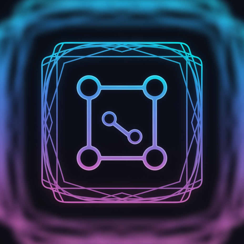 AI Design for A modern minimal game icon for a game called "DotBox". The icon shows a colorful square frame made of glowing lines, with connected dots inside forming a simple dot-and-box pattern. The design should be clean, geometric, and symmetrical. Use vibrant gradient colors (blue, purple, pink, neon cyan) with a subtle glow effect. The background should be dark or soft blurred to make the icon stand out. The style should be flat + semi-3D hybrid, mobile game UI style, high detail, centered composition, smooth edges, professional app icon design, 1024x1024.