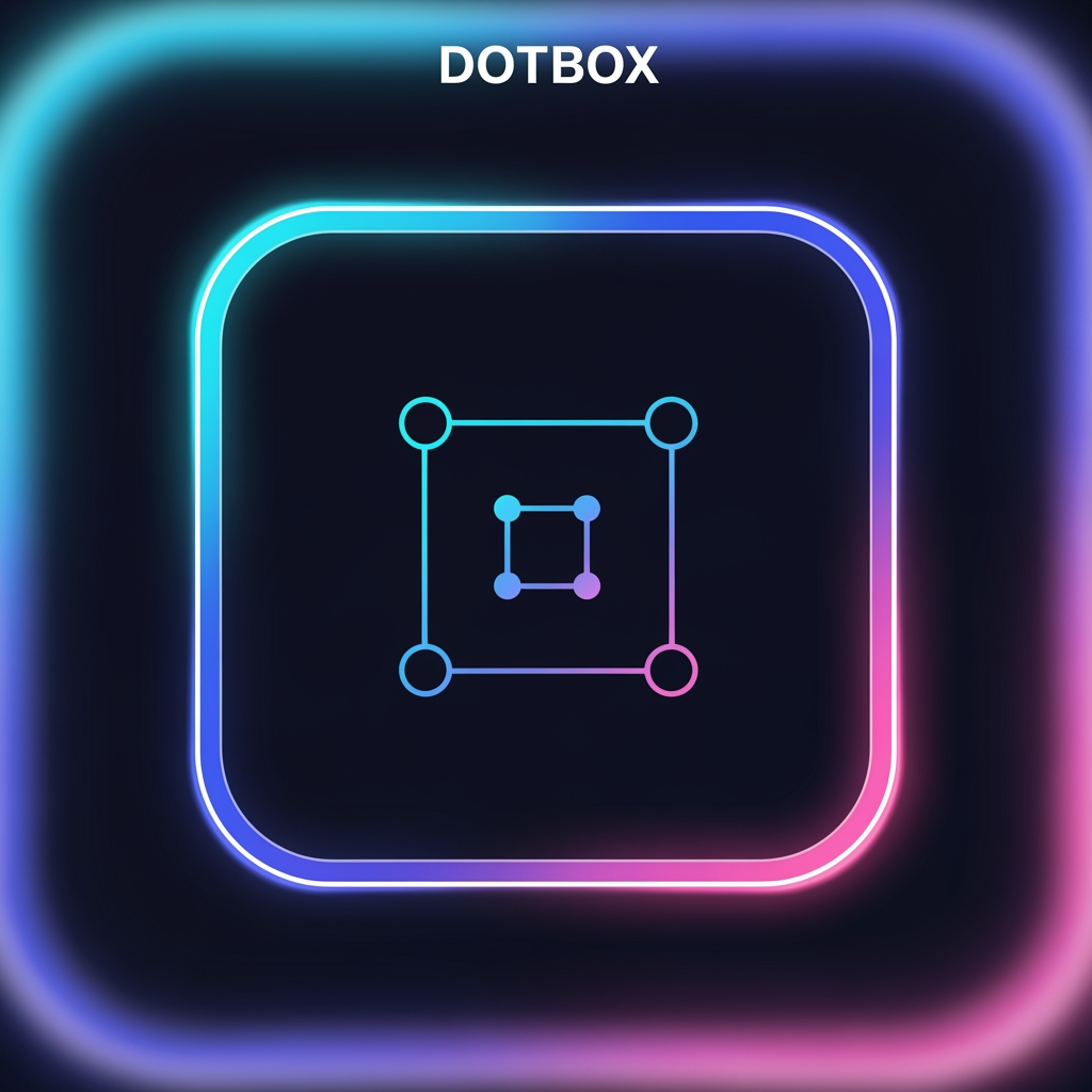 AI Design for A modern minimal game icon for a game called "DotBox". The icon shows a colorful square frame made of glowing lines, with connected dots inside forming a simple dot-and-box pattern. The design should be clean, geometric, and symmetrical. Use vibrant gradient colors (blue, purple, pink, neon cyan) with a subtle glow effect. The background should be dark or soft blurred to make the icon stand out. The style should be flat + semi-3D hybrid, mobile game UI style, high detail, centered composition, smooth edges, professional app icon design, 1024x1024.