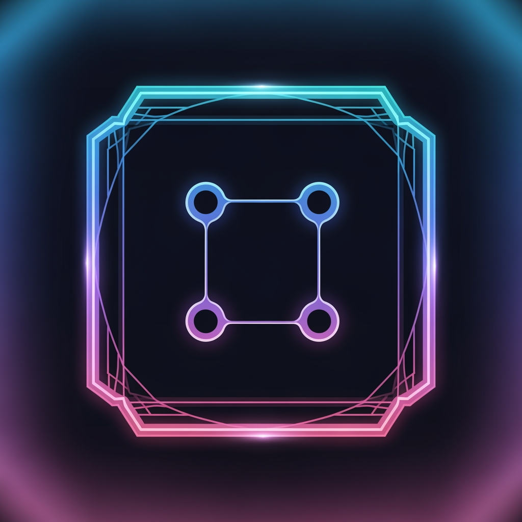 AI Design for A modern minimal game icon for a game called "DotBox". The icon shows a colorful square frame made of glowing lines, with connected dots inside forming a simple dot-and-box pattern. The design should be clean, geometric, and symmetrical. Use vibrant gradient colors (blue, purple, pink, neon cyan) with a subtle glow effect. The background should be dark or soft blurred to make the icon stand out. The style should be flat + semi-3D hybrid, mobile game UI style, high detail, centered composition, smooth edges, professional app icon design, 1024x1024.