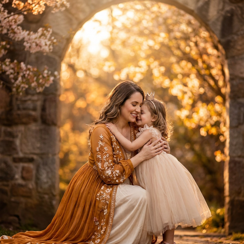 AI Design for A heartwarming, high-quality portrait of a tiny princess daughter sharing a tender, affectionate hug with her mother. The scene is captured in soft, golden hour lighting with a dreamy, ethereal bokeh background, highlighting their joyful expressions and the delicate textures of their elegant attire. The composition is professional and cinematic, focusing on the loving bond between them with a warm, inviting color palette.