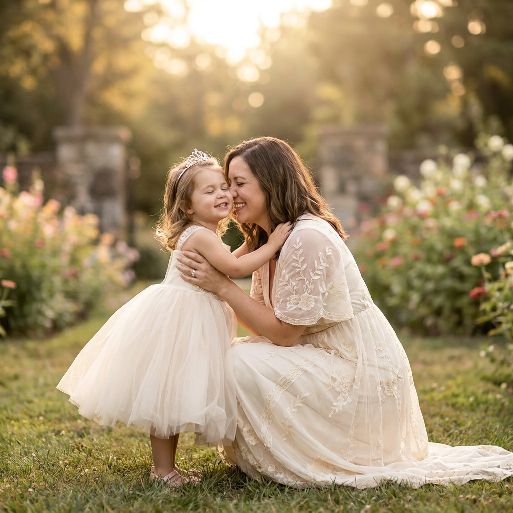 AI Design for A heartwarming, high-quality portrait of a tiny princess daughter sharing a tender, affectionate hug with her mother. The scene is captured in soft, golden hour lighting with a dreamy, ethereal bokeh background, highlighting their joyful expressions and the delicate textures of their elegant attire. The composition is professional and cinematic, focusing on the loving bond between them with a warm, inviting color palette.