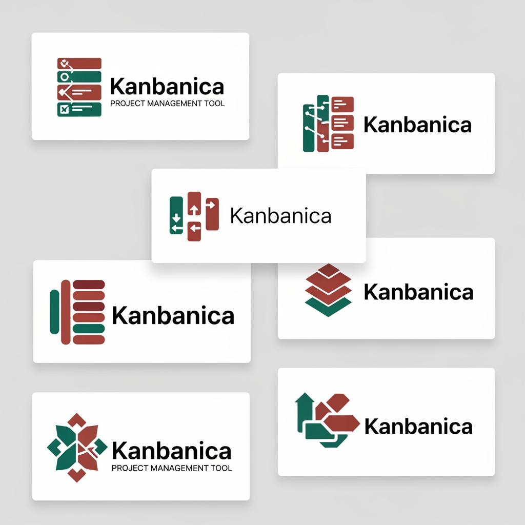 AI Design for Kanbanica - Project management tool
colour code #174C38 #43201C

give me this related 4-5 logo images