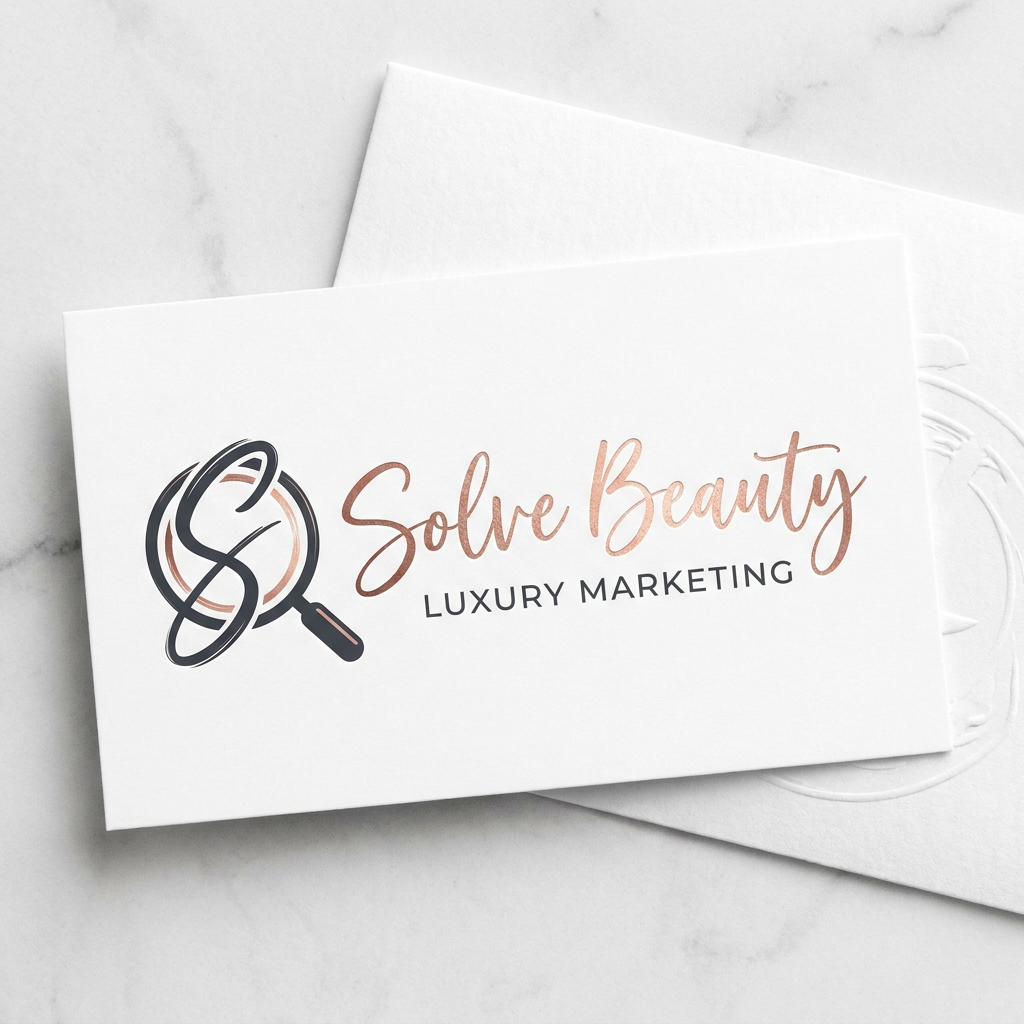 AI Design for A sophisticated and minimalist logo design for a luxury beauty marketing agency named Solve Beauty. The aesthetic features elegant, fluid typography paired with an abstract, stylized icon representing a blend of makeup brush strokes and a magnifying glass, rendered in a chic color palette of rose gold and deep charcoal on a clean white background. High-end editorial style, vector art, sharp lines, professional branding.