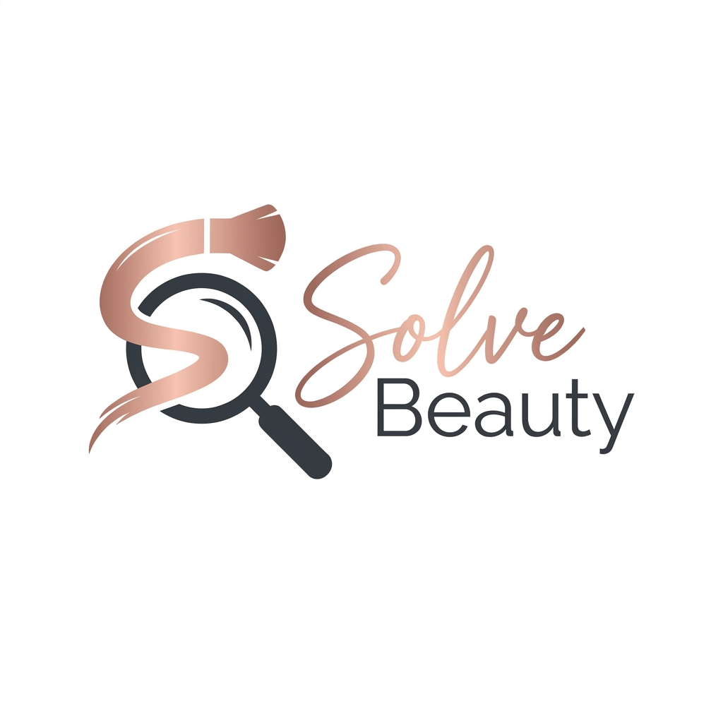 AI Design for A sophisticated and minimalist logo design for a luxury beauty marketing agency named Solve Beauty. The aesthetic features elegant, fluid typography paired with an abstract, stylized icon representing a blend of makeup brush strokes and a magnifying glass, rendered in a chic color palette of rose gold and deep charcoal on a clean white background. High-end editorial style, vector art, sharp lines, professional branding.