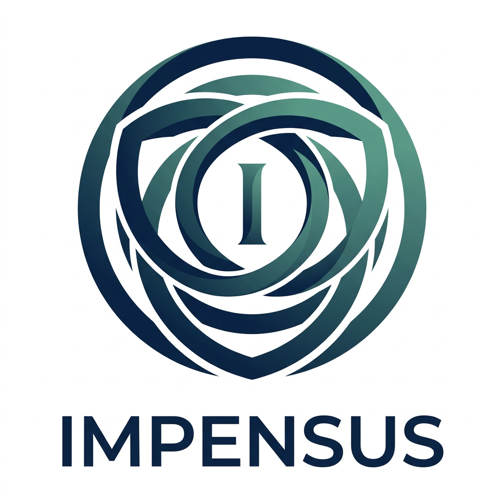 AI Design for Design a premium, minimalist corporate logo for "Impensus".

Concept: Invisible Controller.

The logo should represent controlled environment solutions, optimization, sustainability, trust, and intelligent management of environments. It should NOT contain electronics symbols, circuit patterns, chips, sensors, agriculture icons, leaves, crops, tractors, gears, or obvious technology elements.

Create an abstract geometric symbol using smooth concentric forms, layered shapes, subtle negative space, and balanced proportions. The symbol should feel calm, controlled, stable, and intelligent, as if invisible forces are maintaining perfect conditions.

Incorporate a hidden "I" within the symbol using negative space. The mark should communicate environmental control, precision, protection, and continuous optimization without being literal.

Style: Apple, Nike, Airbnb, Reliance-level simplicity. Timeless, memorable, scalable, corporate, premium.

Typography: Clean geometric sans-serif wordmark. Modern, confident, highly legible.

Colors: Deep navy blue and sophisticated teal-green gradient. Flat vector style. No shadows, no 3D effects, no mascots, no clipart.

White background, centered logo presentation, brand identity case-study quality, award-winning logo design, professional vector logo, minimal luxury branding, perfect symmetry, strong negative space, iconic symbol.