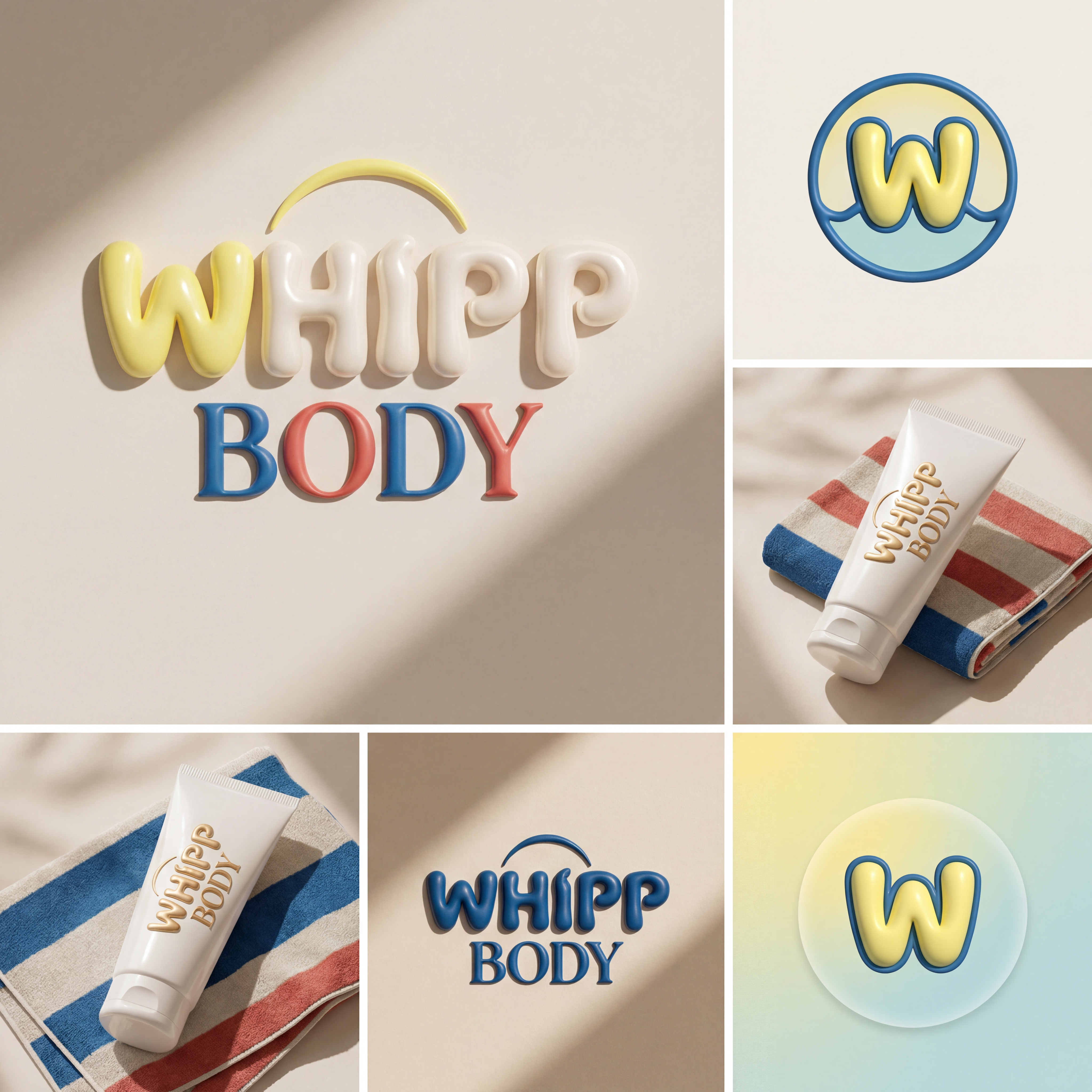AI Design for Design a 3D logo identity for a bodycare brand called “WHIPP BODY” inspired by Italian summer aesthetics, Mediterranean leisure, vintage beach clubs, citrus freshness, and luxury self-care rituals.

The logo should feel like sun-warmed skin, lemon sorbet, striped umbrellas, glossy body butter, and slow summer afternoons.

Visual Style:
• Elevated 3D visual art
• Sculptural custom typography
• Soft inflated letterforms inspired by whipped cream and body mousse
• Glossy ceramic + frosted glass finish
• Minimal but immersive luxury
• Editorial campaign aesthetic

Color palette (inspired by references):
• Amalfi Lemon — #F4D54D
• Riviera Blue — #4E7BB8
• Coconut Linen — #F8F3EA
• Vintage Umbrella Red — #D84A3D
• Sea Glass Blue — #C9DAE9
• Warm Sand — #E8D8C6

Graphic inspiration:
• Vintage striped beach umbrellas
• Lemon slices & citrus curves
• Coastal postcards
• Soft towel textures
• Sun circles & water reflections
• Hand-painted summer nostalgia
• Elegant European resort typography

Logo concept:
The word WHIPP appears sculpted and airy like whipped body cream.
BODY is refined and grounded beneath it.
Integrate a hidden sun halo / lemon arc / wave line into the typography.

Brand feeling:
Dolce vita • Radiant • Vacation-core • Glossy • Effortless • Sensory • Premium • Confident

Output:
Hero logo + icon version + embossed tube mockup + monochrome luxury version + social profile mark.

Avoid tropical clichés, avoid overly clinical skincare branding, avoid generic beige minimalism.