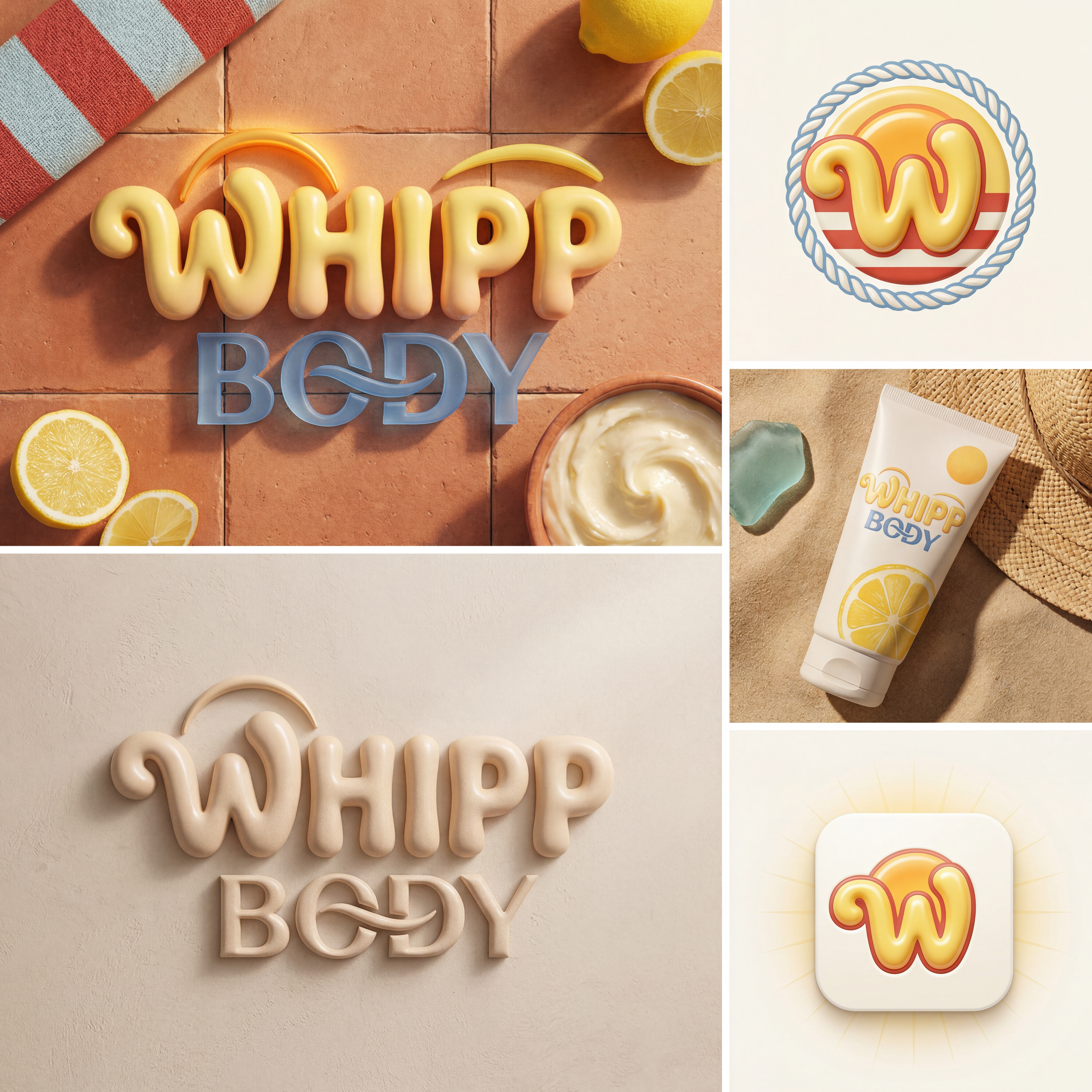 AI Design for Design a 3D logo identity for a bodycare brand called “WHIPP BODY” inspired by Italian summer aesthetics, Mediterranean leisure, vintage beach clubs, citrus freshness, and luxury self-care rituals.

The logo should feel like sun-warmed skin, lemon sorbet, striped umbrellas, glossy body butter, and slow summer afternoons.

Visual Style:
• Elevated 3D visual art
• Sculptural custom typography
• Soft inflated letterforms inspired by whipped cream and body mousse
• Glossy ceramic + frosted glass finish
• Minimal but immersive luxury
• Editorial campaign aesthetic

Color palette (inspired by references):
• Amalfi Lemon — #F4D54D
• Riviera Blue — #4E7BB8
• Coconut Linen — #F8F3EA
• Vintage Umbrella Red — #D84A3D
• Sea Glass Blue — #C9DAE9
• Warm Sand — #E8D8C6

Graphic inspiration:
• Vintage striped beach umbrellas
• Lemon slices & citrus curves
• Coastal postcards
• Soft towel textures
• Sun circles & water reflections
• Hand-painted summer nostalgia
• Elegant European resort typography

Logo concept:
The word WHIPP appears sculpted and airy like whipped body cream.
BODY is refined and grounded beneath it.
Integrate a hidden sun halo / lemon arc / wave line into the typography.

Brand feeling:
Dolce vita • Radiant • Vacation-core • Glossy • Effortless • Sensory • Premium • Confident

Output:
Hero logo + icon version + embossed tube mockup + monochrome luxury version + social profile mark.

Avoid tropical clichés, avoid overly clinical skincare branding, avoid generic beige minimalism.