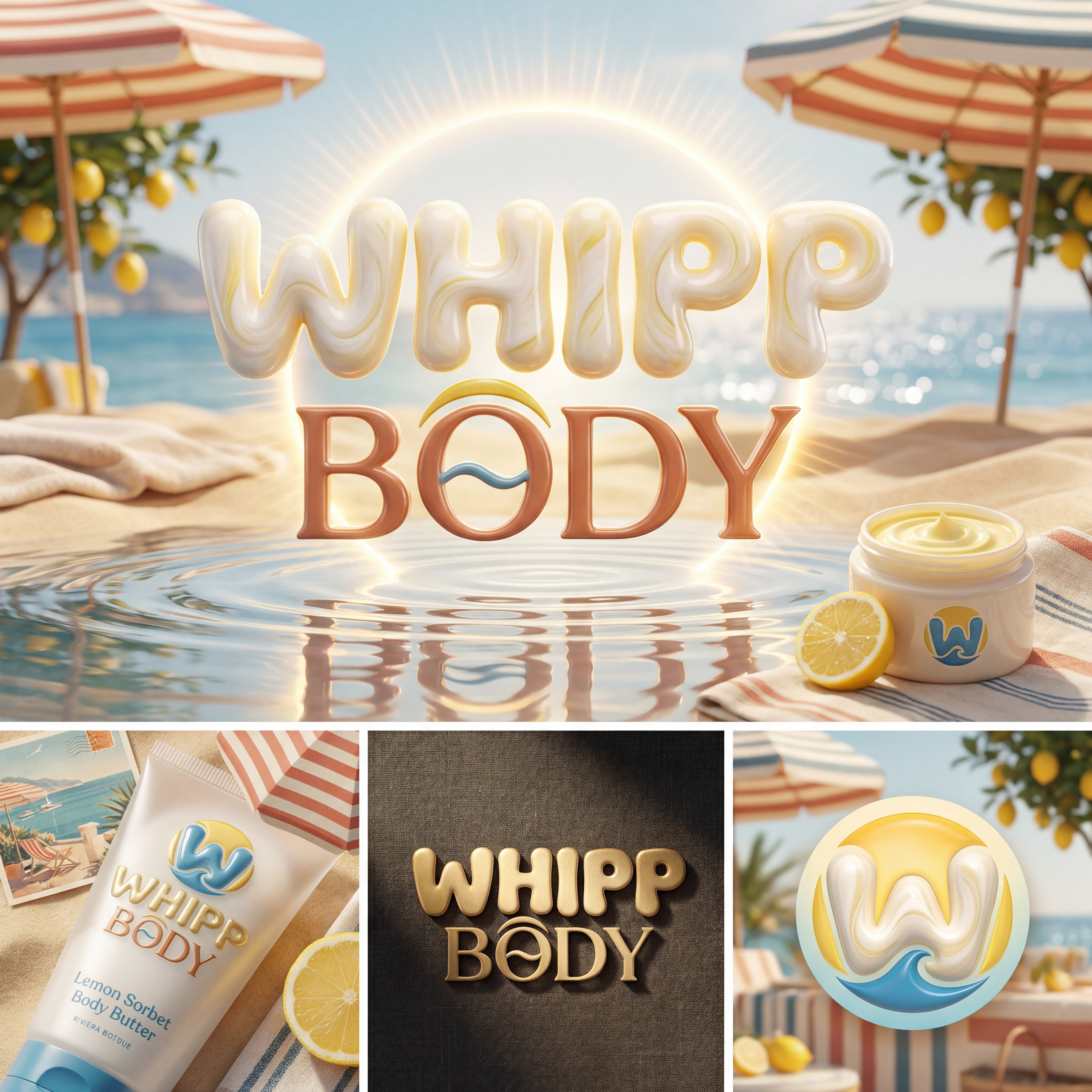 AI Design for Design a 3D logo identity for a bodycare brand called “WHIPP BODY” inspired by Italian summer aesthetics, Mediterranean leisure, vintage beach clubs, citrus freshness, and luxury self-care rituals.

The logo should feel like sun-warmed skin, lemon sorbet, striped umbrellas, glossy body butter, and slow summer afternoons.

Visual Style:
• Elevated 3D visual art
• Sculptural custom typography
• Soft inflated letterforms inspired by whipped cream and body mousse
• Glossy ceramic + frosted glass finish
• Minimal but immersive luxury
• Editorial campaign aesthetic

Color palette (inspired by references):
• Amalfi Lemon — #F4D54D
• Riviera Blue — #4E7BB8
• Coconut Linen — #F8F3EA
• Vintage Umbrella Red — #D84A3D
• Sea Glass Blue — #C9DAE9
• Warm Sand — #E8D8C6

Graphic inspiration:
• Vintage striped beach umbrellas
• Lemon slices & citrus curves
• Coastal postcards
• Soft towel textures
• Sun circles & water reflections
• Hand-painted summer nostalgia
• Elegant European resort typography

Logo concept:
The word WHIPP appears sculpted and airy like whipped body cream.
BODY is refined and grounded beneath it.
Integrate a hidden sun halo / lemon arc / wave line into the typography.

Brand feeling:
Dolce vita • Radiant • Vacation-core • Glossy • Effortless • Sensory • Premium • Confident

Output:
Hero logo + icon version + embossed tube mockup + monochrome luxury version + social profile mark.

Avoid tropical clichés, avoid overly clinical skincare branding, avoid generic beige minimalism.