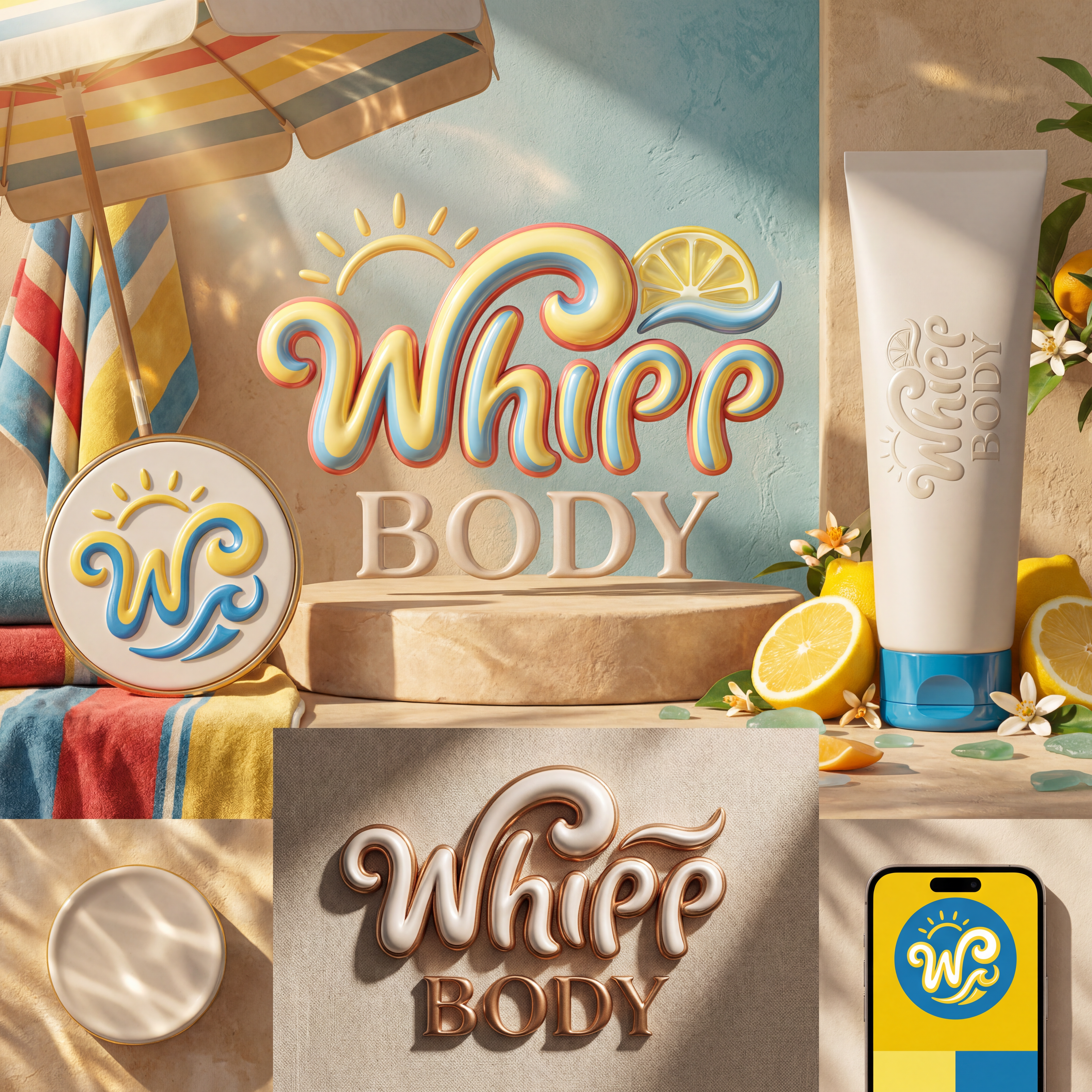 AI Design for Design a 3D logo identity for a bodycare brand called “WHIPP BODY” inspired by Italian summer aesthetics, Mediterranean leisure, vintage beach clubs, citrus freshness, and luxury self-care rituals.

The logo should feel like sun-warmed skin, lemon sorbet, striped umbrellas, glossy body butter, and slow summer afternoons.

Visual Style:
• Elevated 3D visual art
• Sculptural custom typography
• Soft inflated letterforms inspired by whipped cream and body mousse
• Glossy ceramic + frosted glass finish
• Minimal but immersive luxury
• Editorial campaign aesthetic

Color palette (inspired by references):
• Amalfi Lemon — #F4D54D
• Riviera Blue — #4E7BB8
• Coconut Linen — #F8F3EA
• Vintage Umbrella Red — #D84A3D
• Sea Glass Blue — #C9DAE9
• Warm Sand — #E8D8C6

Graphic inspiration:
• Vintage striped beach umbrellas
• Lemon slices & citrus curves
• Coastal postcards
• Soft towel textures
• Sun circles & water reflections
• Hand-painted summer nostalgia
• Elegant European resort typography

Logo concept:
The word WHIPP appears sculpted and airy like whipped body cream.
BODY is refined and grounded beneath it.
Integrate a hidden sun halo / lemon arc / wave line into the typography.

Brand feeling:
Dolce vita • Radiant • Vacation-core • Glossy • Effortless • Sensory • Premium • Confident

Output:
Hero logo + icon version + embossed tube mockup + monochrome luxury version + social profile mark.

Avoid tropical clichés, avoid overly clinical skincare branding, avoid generic beige minimalism.