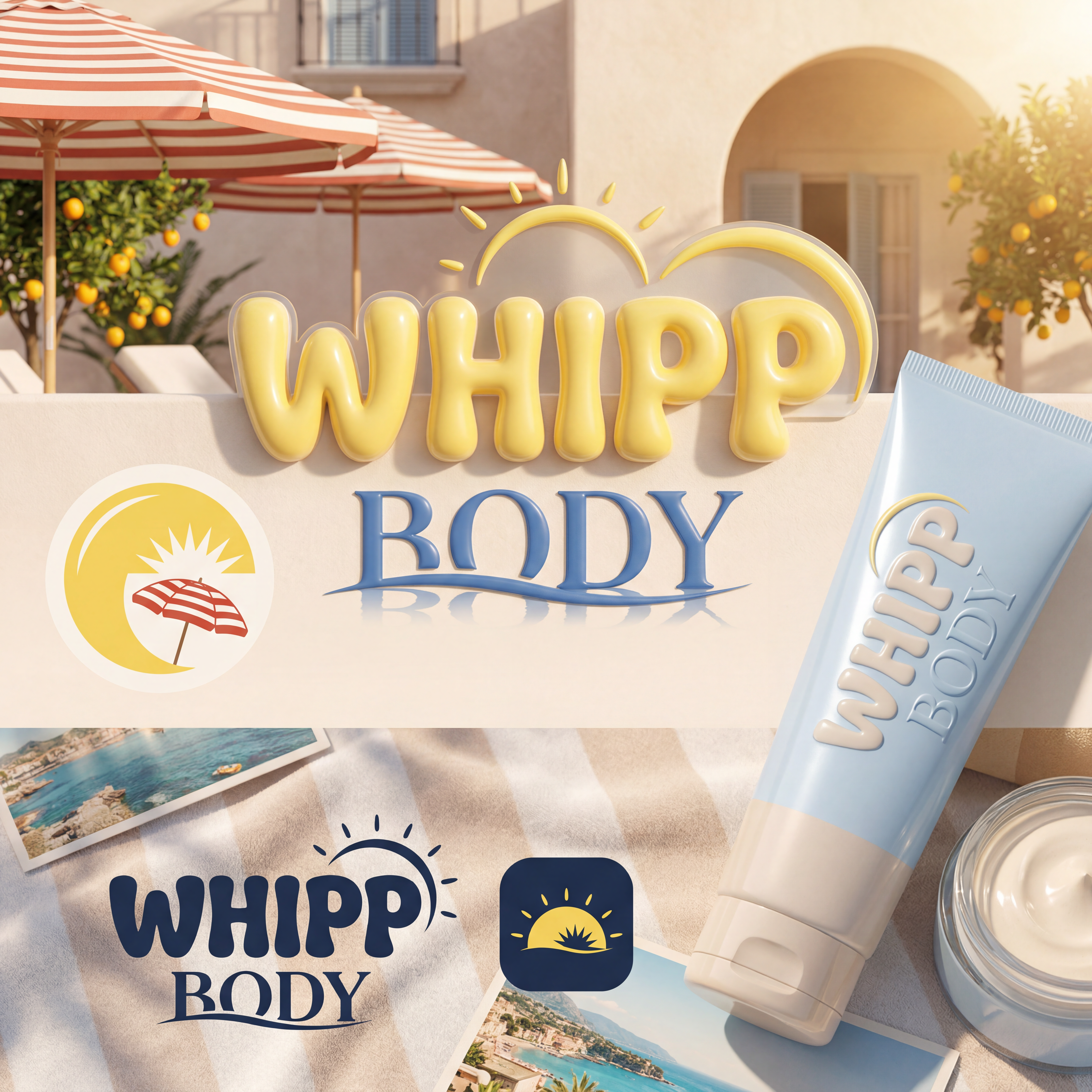 AI Design for Design a 3D logo identity for a bodycare brand called “WHIPP BODY” inspired by Italian summer aesthetics, Mediterranean leisure, vintage beach clubs, citrus freshness, and luxury self-care rituals.

The logo should feel like sun-warmed skin, lemon sorbet, striped umbrellas, glossy body butter, and slow summer afternoons.

Visual Style:
• Elevated 3D visual art
• Sculptural custom typography
• Soft inflated letterforms inspired by whipped cream and body mousse
• Glossy ceramic + frosted glass finish
• Minimal but immersive luxury
• Editorial campaign aesthetic

Color palette (inspired by references):
• Amalfi Lemon — #F4D54D
• Riviera Blue — #4E7BB8
• Coconut Linen — #F8F3EA
• Vintage Umbrella Red — #D84A3D
• Sea Glass Blue — #C9DAE9
• Warm Sand — #E8D8C6

Graphic inspiration:
• Vintage striped beach umbrellas
• Lemon slices & citrus curves
• Coastal postcards
• Soft towel textures
• Sun circles & water reflections
• Hand-painted summer nostalgia
• Elegant European resort typography

Logo concept:
The word WHIPP appears sculpted and airy like whipped body cream.
BODY is refined and grounded beneath it.
Integrate a hidden sun halo / lemon arc / wave line into the typography.

Brand feeling:
Dolce vita • Radiant • Vacation-core • Glossy • Effortless • Sensory • Premium • Confident

Output:
Hero logo + icon version + embossed tube mockup + monochrome luxury version + social profile mark.

Avoid tropical clichés, avoid overly clinical skincare branding, avoid generic beige minimalism.