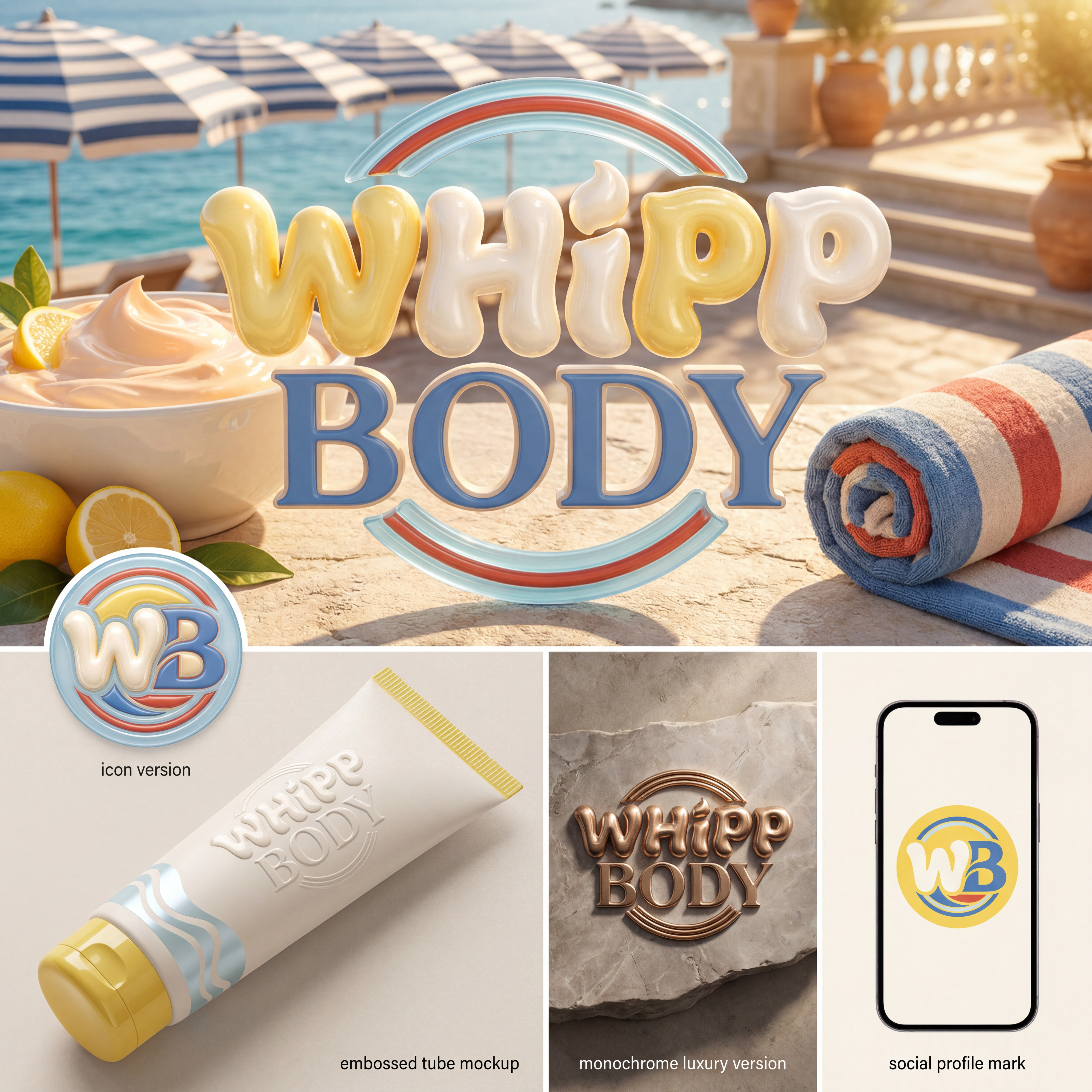 AI Design for Design a 3D logo identity for a bodycare brand called “WHIPP BODY” inspired by Italian summer aesthetics, Mediterranean leisure, vintage beach clubs, citrus freshness, and luxury self-care rituals.

The logo should feel like sun-warmed skin, lemon sorbet, striped umbrellas, glossy body butter, and slow summer afternoons.

Visual Style:
• Elevated 3D visual art
• Sculptural custom typography
• Soft inflated letterforms inspired by whipped cream and body mousse
• Glossy ceramic + frosted glass finish
• Minimal but immersive luxury
• Editorial campaign aesthetic

Color palette (inspired by references):
• Amalfi Lemon — #F4D54D
• Riviera Blue — #4E7BB8
• Coconut Linen — #F8F3EA
• Vintage Umbrella Red — #D84A3D
• Sea Glass Blue — #C9DAE9
• Warm Sand — #E8D8C6

Graphic inspiration:
• Vintage striped beach umbrellas
• Lemon slices & citrus curves
• Coastal postcards
• Soft towel textures
• Sun circles & water reflections
• Hand-painted summer nostalgia
• Elegant European resort typography

Logo concept:
The word WHIPP appears sculpted and airy like whipped body cream.
BODY is refined and grounded beneath it.
Integrate a hidden sun halo / lemon arc / wave line into the typography.

Brand feeling:
Dolce vita • Radiant • Vacation-core • Glossy • Effortless • Sensory • Premium • Confident

Output:
Hero logo + icon version + embossed tube mockup + monochrome luxury version + social profile mark.

Avoid tropical clichés, avoid overly clinical skincare branding, avoid generic beige minimalism.