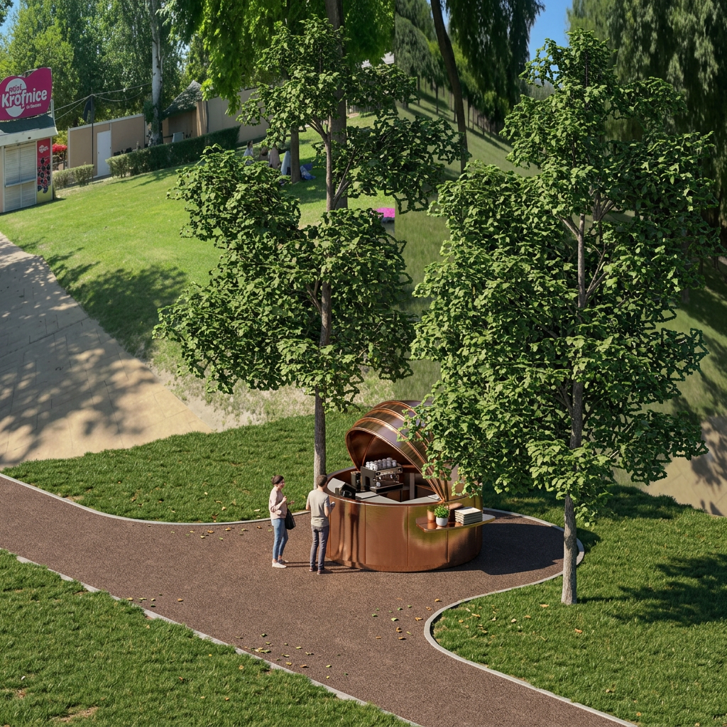 AI Design for do me a render of this photo show how it will be in real life withou changing anything keep color the same just make life in it. try to get the picture together so it wont bee any things that can guess that it was from apart, make one picture from angle how i pictured my kiosk
