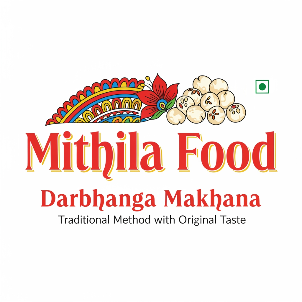 AI Design for create logo as Mithila Food as logo and branding as Darbhanga Makhana add tag line as Traditional Methood with Original Taste