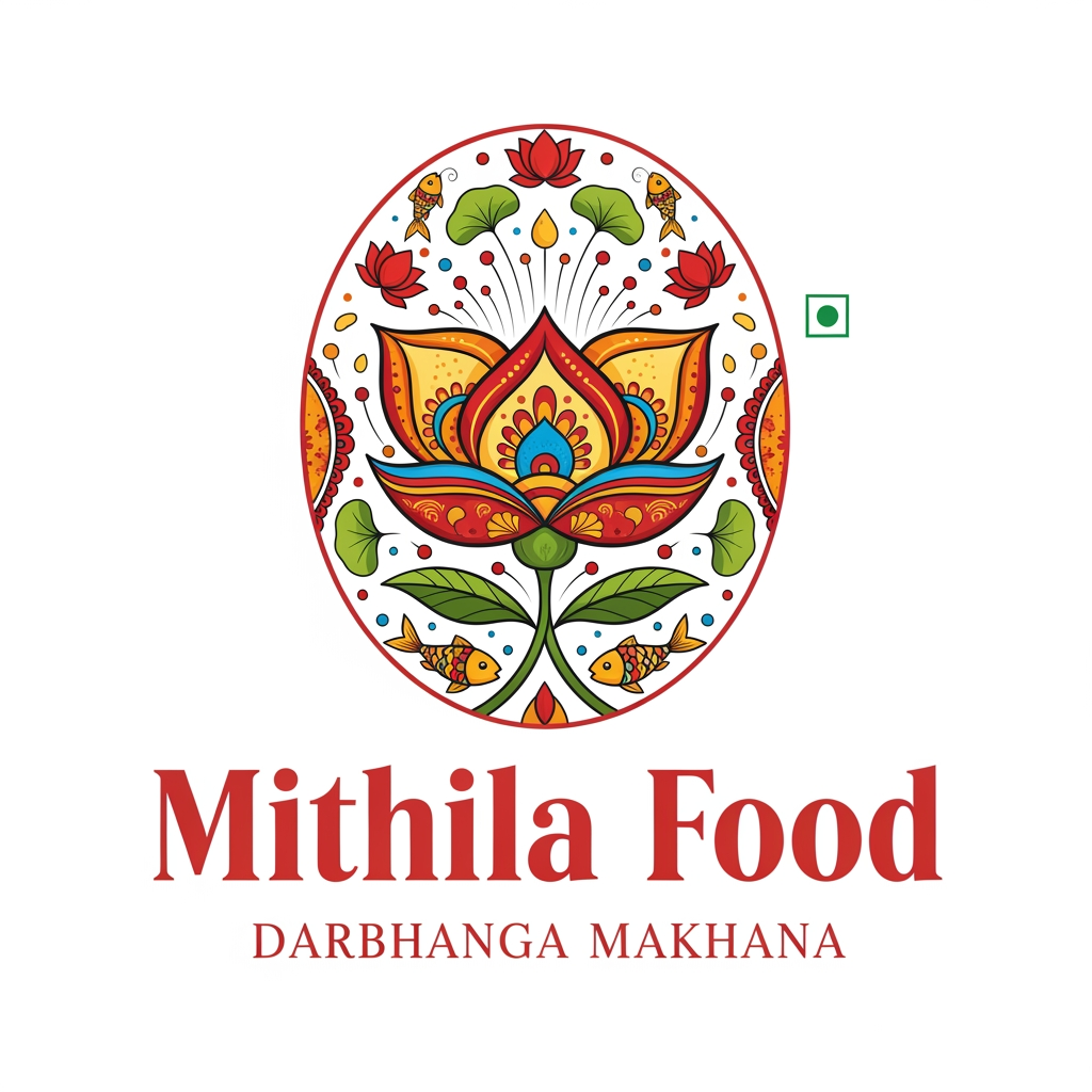 AI Design for create logo as Mithila Food as logo and branding as Darbhanga Makhana