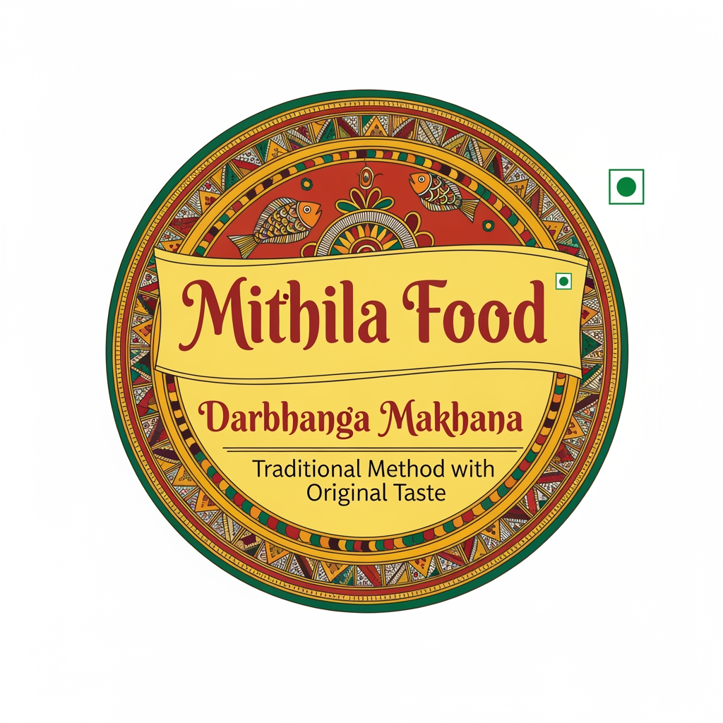 AI Design for create logo as Mithila Food as logo and branding as Darbhanga Makhana add tag line as Traditional Methood with Original Taste