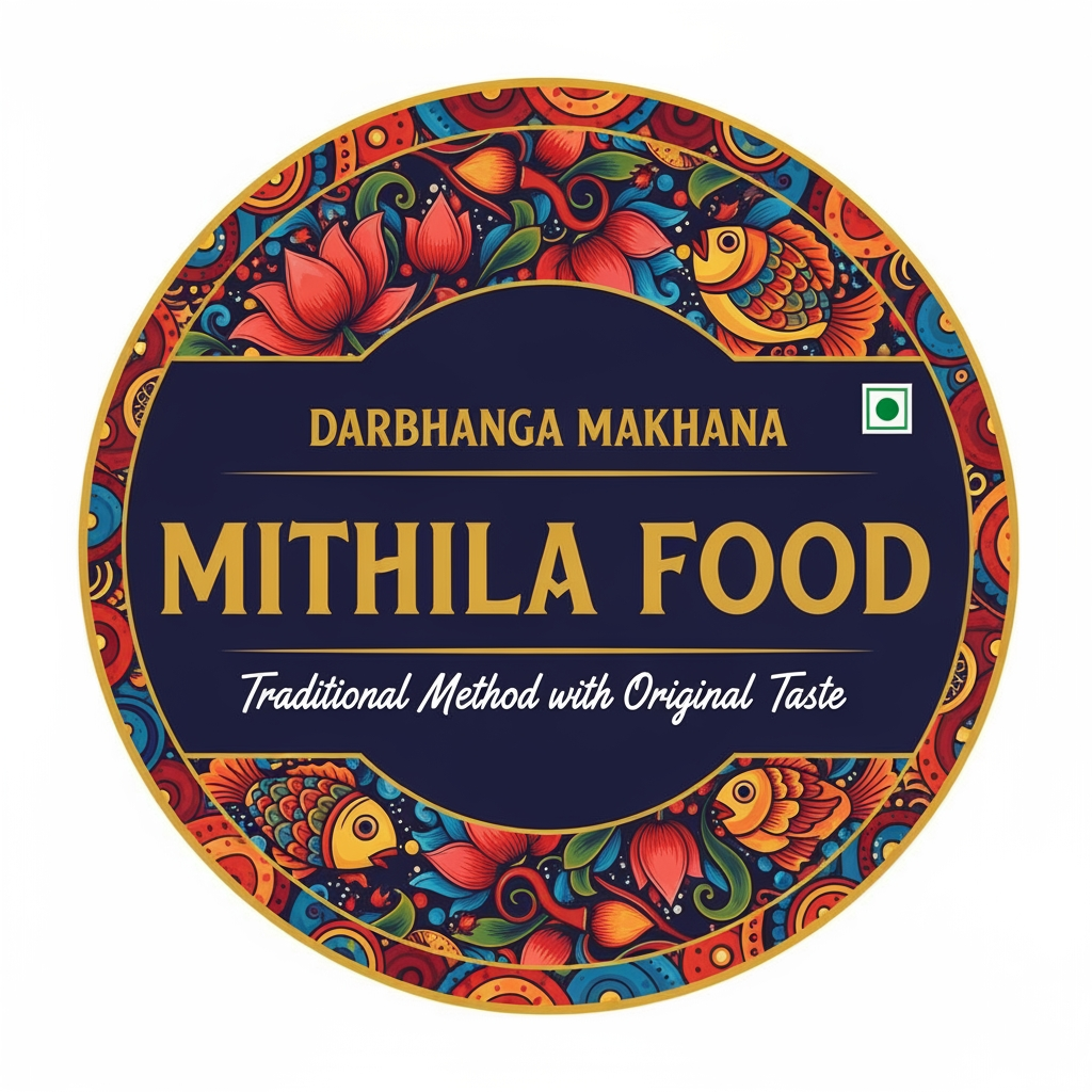 AI Design for create logo as Mithila Food as logo and branding as Darbhanga Makhana add tag line as Traditional Methood with Original Taste