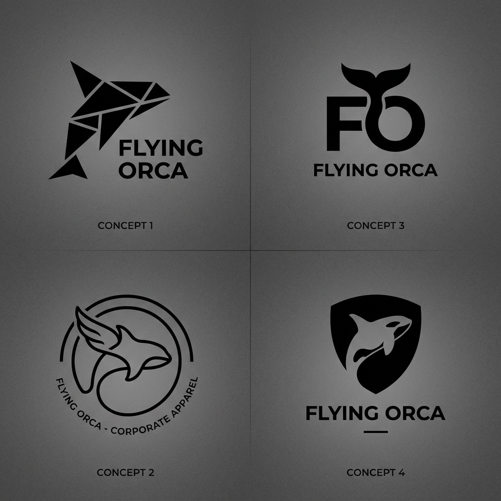AI Design for A premium, minimalist logo design for a corporate apparel brand named Flying Orca. The design features a sleek, geometric silhouette of an orca whale constructed from clean, sharp lines, exuding professionalism and sophistication. Rendered in a high-contrast monochrome black and white palette, the aesthetic is modern, elegant, and perfectly balanced for high-end corporate branding.
More suggestion i need and makw it a minimal
more ideas i need