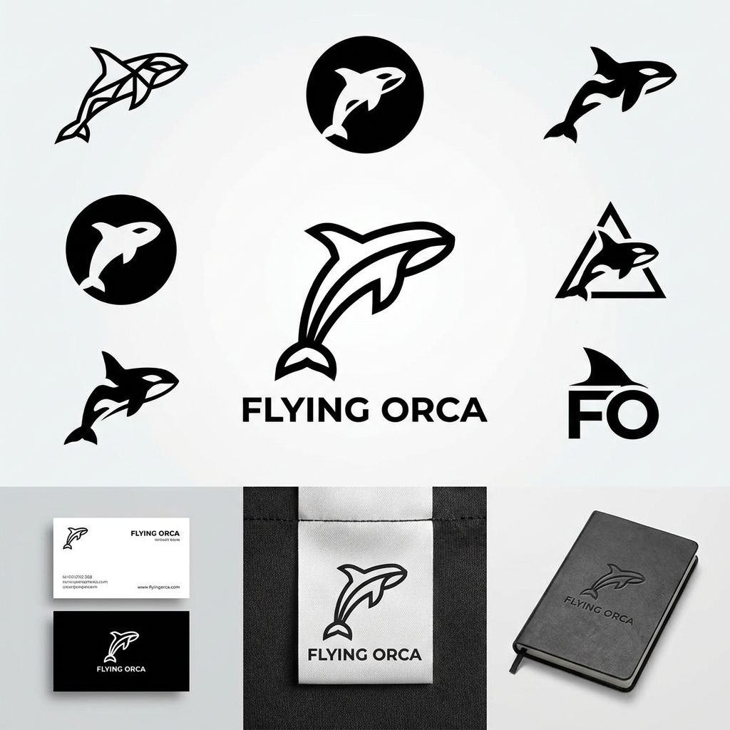 AI Design for A premium, minimalist logo design for a corporate apparel brand named Flying Orca. The design features a sleek, geometric silhouette of an orca whale constructed from clean, sharp lines, exuding professionalism and sophistication. Rendered in a high-contrast monochrome black and white palette, the aesthetic is modern, elegant, and perfectly balanced for high-end corporate branding.
More suggestion i need and makw it a minimal
more ideas i need