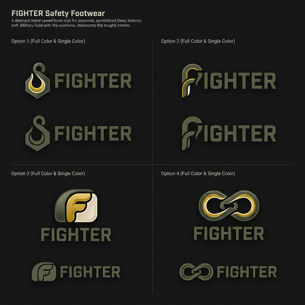 AI Design for Brief for Fighter Logo 
Message 1 — Context
FIGHTER Safety Footwear .
Design brief for the logo. Please read fully before starting.

Message 2 — The Core Idea
The ONE idea to hold:
Hard and protective on the outside. Soft, cushioned, and comfortable on the inside.
The logo must show BOTH at once.
Think: egg shell / thermos flask — tough outside, warm within.

Message 3 — The Hook
The brand's signature feature = the speed hook (the metal lacing hook on work boots).
This becomes our icon — the way the Nike swoosh became Nike.
At least 2 of the 4 options must use the hook as the central mark or integrate it into the letterform.

Message 4 — Reference Images
(Send the two attached reference images here — the double hook and the F-hook)
These are directions we like. Note:
— Double hook: good precision, needs a warm inner detail added
— F-hook: clever, the gold inside the F shows the soft layer. This direction is strong.

Message 5 — Colours
SIMILAR TO THESE .. Don’t use the same colors check with Kripi before.
Palette:
Outside / Hard → Deep Olive #4A5240
Inside / Warm → Military Gold #B8960C
Inner lining → Sand #EDE8DC
Background → Charcoal #1F1F1F

Message 6 — Deliverables
Need 4 logo options. Each must have:
✅ Icon + FIGHTER wordmark (not wordmark alone)
✅ Hard outer form + warm inner detail visible
✅ Gender neutral — works for both men and women workers
✅ Shown on dark charcoal background
✅ 2 versions each: full colour + single colour (all olive)

Message 7 — Avoid
Please avoid:
✕ Shields, helmets, military symbols
✕ Badge or crest shapes
✕ Thick cartoon outlines
✕ Wordmark only, no icon
✕ All hard, no softness — the inside warmth must show
Message 8 — The Brief in One Line
"The hook from the shoe becomes our logo — hard line outside, warm detail inside. Tough shell. Comfortable soul."


create logo