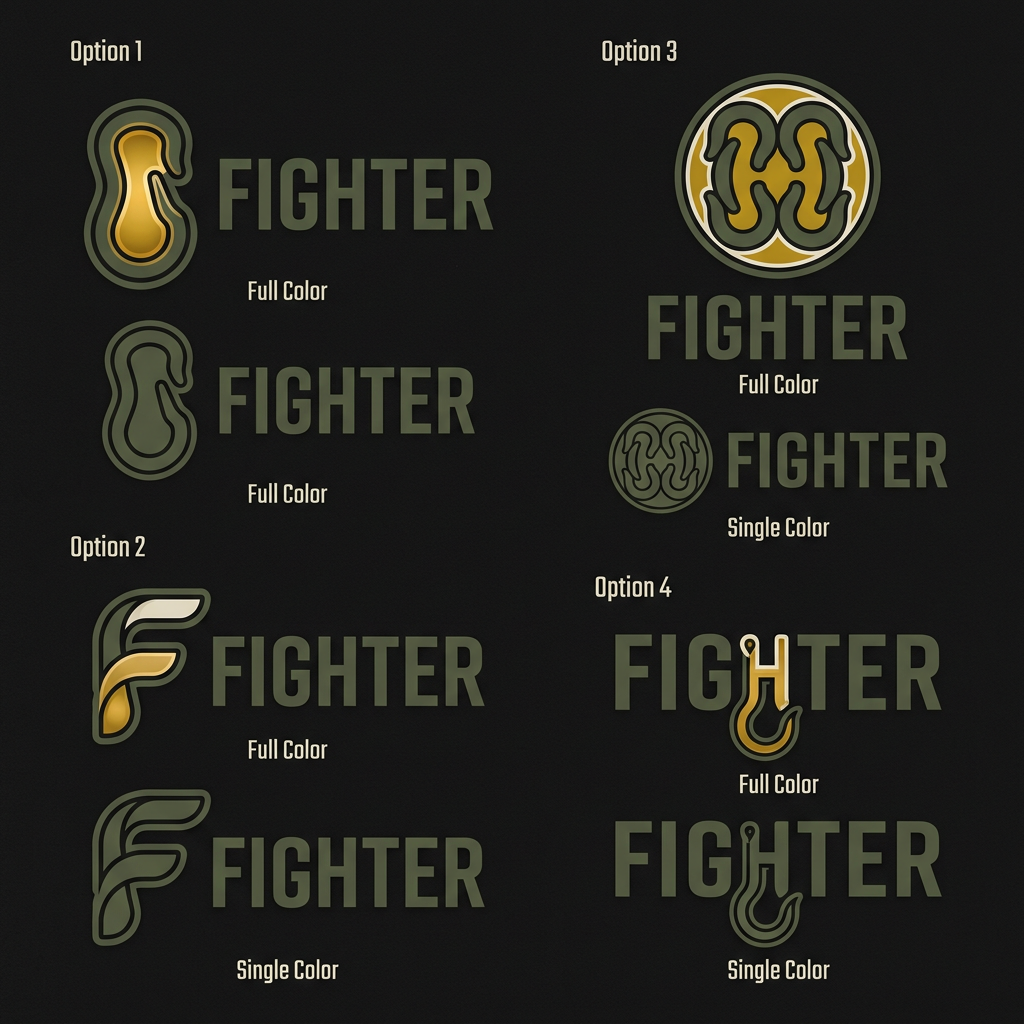 AI Design for Brief for Fighter Logo 
Message 1 — Context
FIGHTER Safety Footwear .
Design brief for the logo. Please read fully before starting.

Message 2 — The Core Idea
The ONE idea to hold:
Hard and protective on the outside. Soft, cushioned, and comfortable on the inside.
The logo must show BOTH at once.
Think: egg shell / thermos flask — tough outside, warm within.

Message 3 — The Hook
The brand's signature feature = the speed hook (the metal lacing hook on work boots).
This becomes our icon — the way the Nike swoosh became Nike.
At least 2 of the 4 options must use the hook as the central mark or integrate it into the letterform.

Message 4 — Reference Images
(Send the two attached reference images here — the double hook and the F-hook)
These are directions we like. Note:
— Double hook: good precision, needs a warm inner detail added
— F-hook: clever, the gold inside the F shows the soft layer. This direction is strong.

Message 5 — Colours
SIMILAR TO THESE .. Don’t use the same colors check with Kripi before.
Palette:
Outside / Hard → Deep Olive #4A5240
Inside / Warm → Military Gold #B8960C
Inner lining → Sand #EDE8DC
Background → Charcoal #1F1F1F

Message 6 — Deliverables
Need 4 logo options. Each must have:
✅ Icon + FIGHTER wordmark (not wordmark alone)
✅ Hard outer form + warm inner detail visible
✅ Gender neutral — works for both men and women workers
✅ Shown on dark charcoal background
✅ 2 versions each: full colour + single colour (all olive)

Message 7 — Avoid
Please avoid:
✕ Shields, helmets, military symbols
✕ Badge or crest shapes
✕ Thick cartoon outlines
✕ Wordmark only, no icon
✕ All hard, no softness — the inside warmth must show
Message 8 — The Brief in One Line
"The hook from the shoe becomes our logo — hard line outside, warm detail inside. Tough shell. Comfortable soul."


create logo